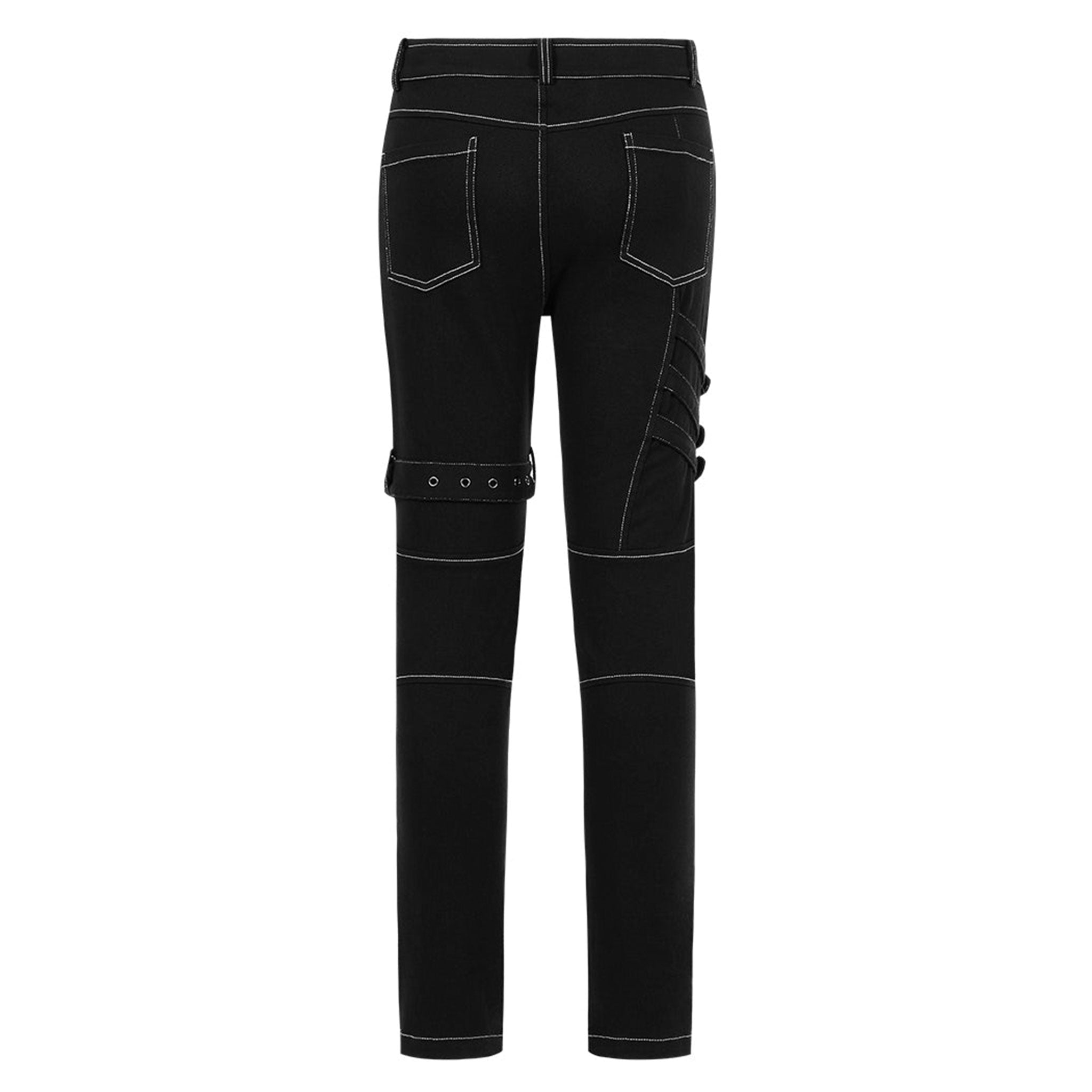 Spandex cotton woven elastic coated-cotton grommets apparel bottoms pants long multi-buckle cargo-pockets knee-loops buckle-straps drawstring adjustable buckle D-ring skull front-closure zipper crotch-zip belt-loops edgy coarse fetish fashion alt-fashion alternative punk goth gothic cyber cyberpunk streetwear costume cosplay halloween afterdark-collection male masculine masc mens menswear guys dudes black-white contrast-stitching
