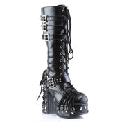 Vegan-leather footwear shoes boot knee-high kneehigh knee-hi platform chunky-heel lace-up laceup laceup-front buckle corset-like round-toe D-ring full-zip inside-zip zipper cute darkness goth gothic loli lolita punk rock cyber cyberpunk halloween alt-fashion fetish fashion attention female femme feminine women black