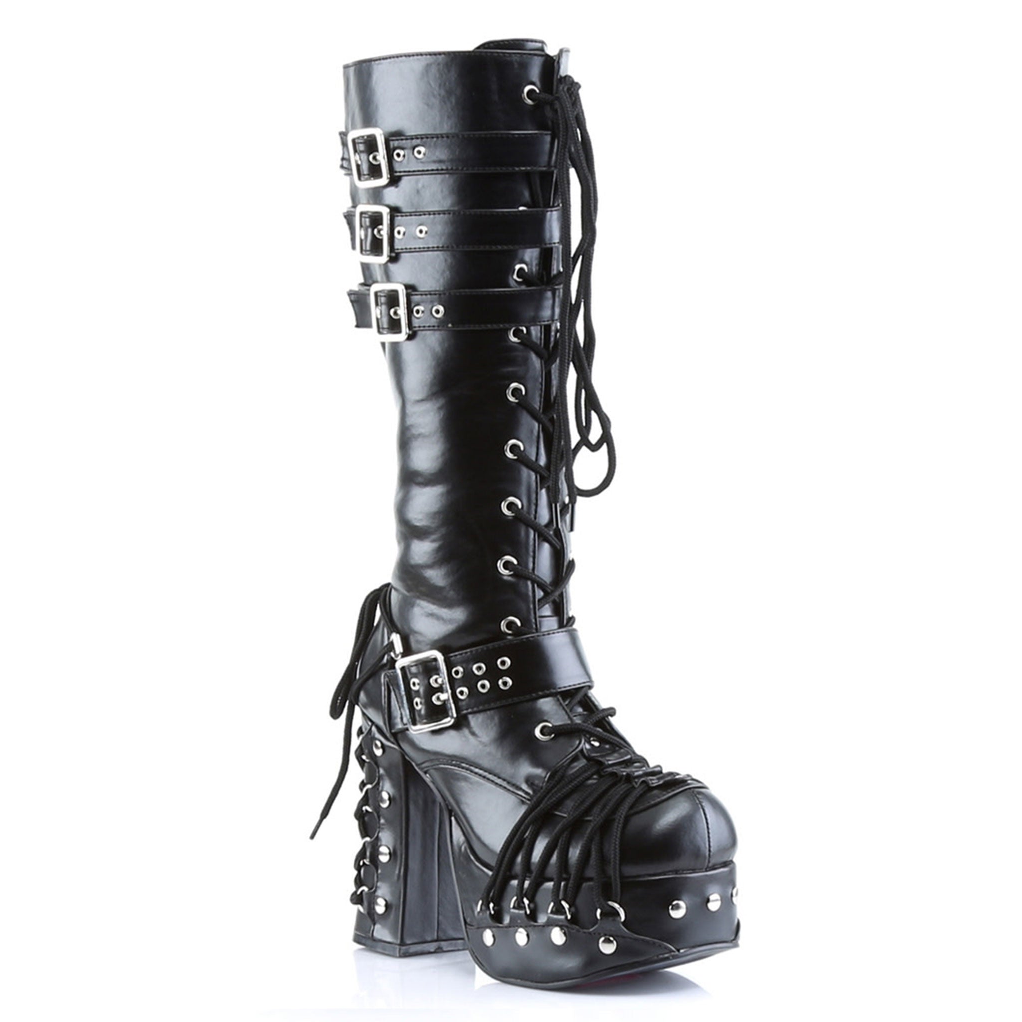 Vegan-leather footwear shoes boot knee-high kneehigh knee-hi platform chunky-heel lace-up laceup laceup-front buckle corset-like round-toe D-ring full-zip inside-zip zipper cute darkness goth gothic loli lolita punk rock cyber cyberpunk halloween alt-fashion fetish fashion attention female femme feminine women black