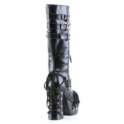 Vegan-leather footwear shoes boot knee-high kneehigh knee-hi platform chunky-heel lace-up laceup laceup-front buckle corset-like round-toe D-ring full-zip inside-zip zipper cute darkness goth gothic loli lolita punk rock cyber cyberpunk halloween alt-fashion fetish fashion attention female femme feminine women black