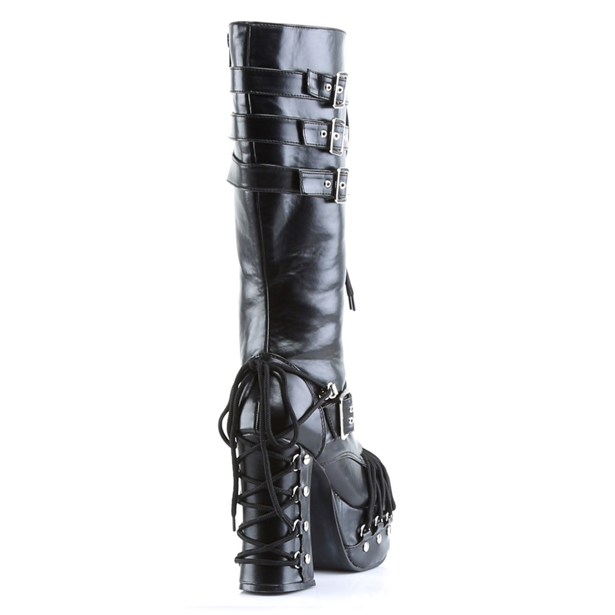 Vegan-leather footwear shoes boot knee-high kneehigh knee-hi platform chunky-heel lace-up laceup laceup-front buckle corset-like round-toe D-ring full-zip inside-zip zipper cute darkness goth gothic loli lolita punk rock cyber cyberpunk halloween alt-fashion fetish fashion attention female femme feminine women black