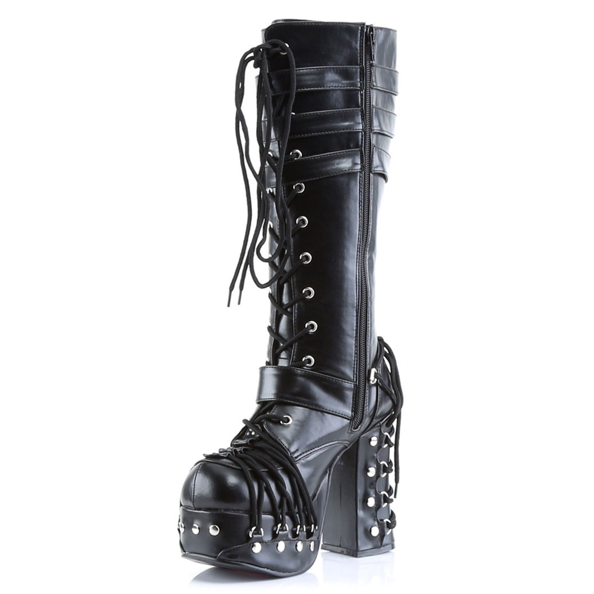Vegan-leather footwear shoes boot knee-high kneehigh knee-hi platform chunky-heel lace-up laceup laceup-front buckle corset-like round-toe D-ring full-zip inside-zip zipper cute darkness goth gothic loli lolita punk rock cyber cyberpunk halloween alt-fashion fetish fashion attention female femme feminine women black