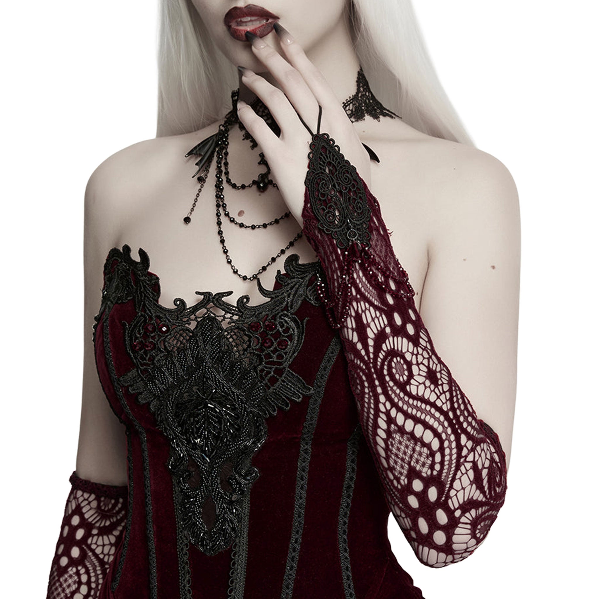 Polyester elastane lace knit openwork accessories arm-gear gloves arm-warmers fingerless opera-length finger-loop lace-applique crystal-beads beaded lobster-clasp stretchy comfortable elegant contouring graceful dramatic form-fitting hollow textured fashion alt-fashion alternative dark goth gothic renfaire renaissance festival romantic eveningwear roleplay role-play noble princess queen vampire vampire-fashion costume cosplay halloween afterdark-collection female femme feminine womens red