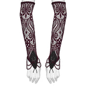 Polyester elastane lace knit openwork accessories arm-gear gloves arm-warmers fingerless opera-length finger-loop lace-applique crystal-beads beaded lobster-clasp stretchy comfortable elegant contouring graceful dramatic form-fitting hollow textured fashion alt-fashion alternative dark goth gothic renfaire renaissance festival romantic eveningwear roleplay role-play noble princess queen vampire vampire-fashion costume cosplay halloween afterdark-collection female femme feminine womens red