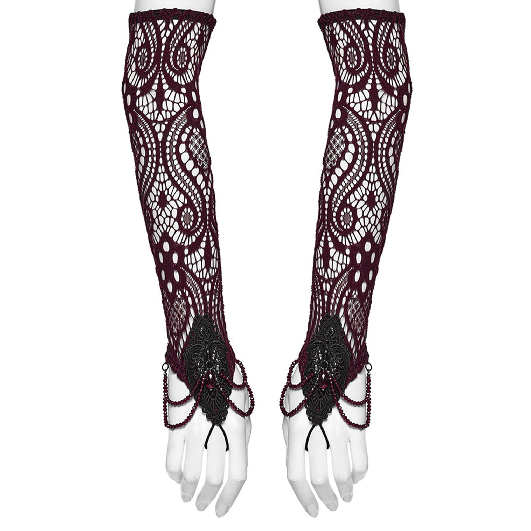 Polyester elastane lace knit openwork accessories arm-gear gloves arm-warmers fingerless opera-length finger-loop lace-applique crystal-beads beaded lobster-clasp stretchy comfortable elegant contouring graceful dramatic form-fitting hollow textured fashion alt-fashion alternative dark goth gothic renfaire renaissance festival romantic eveningwear roleplay role-play noble princess queen vampire vampire-fashion costume cosplay halloween afterdark-collection female femme feminine womens red