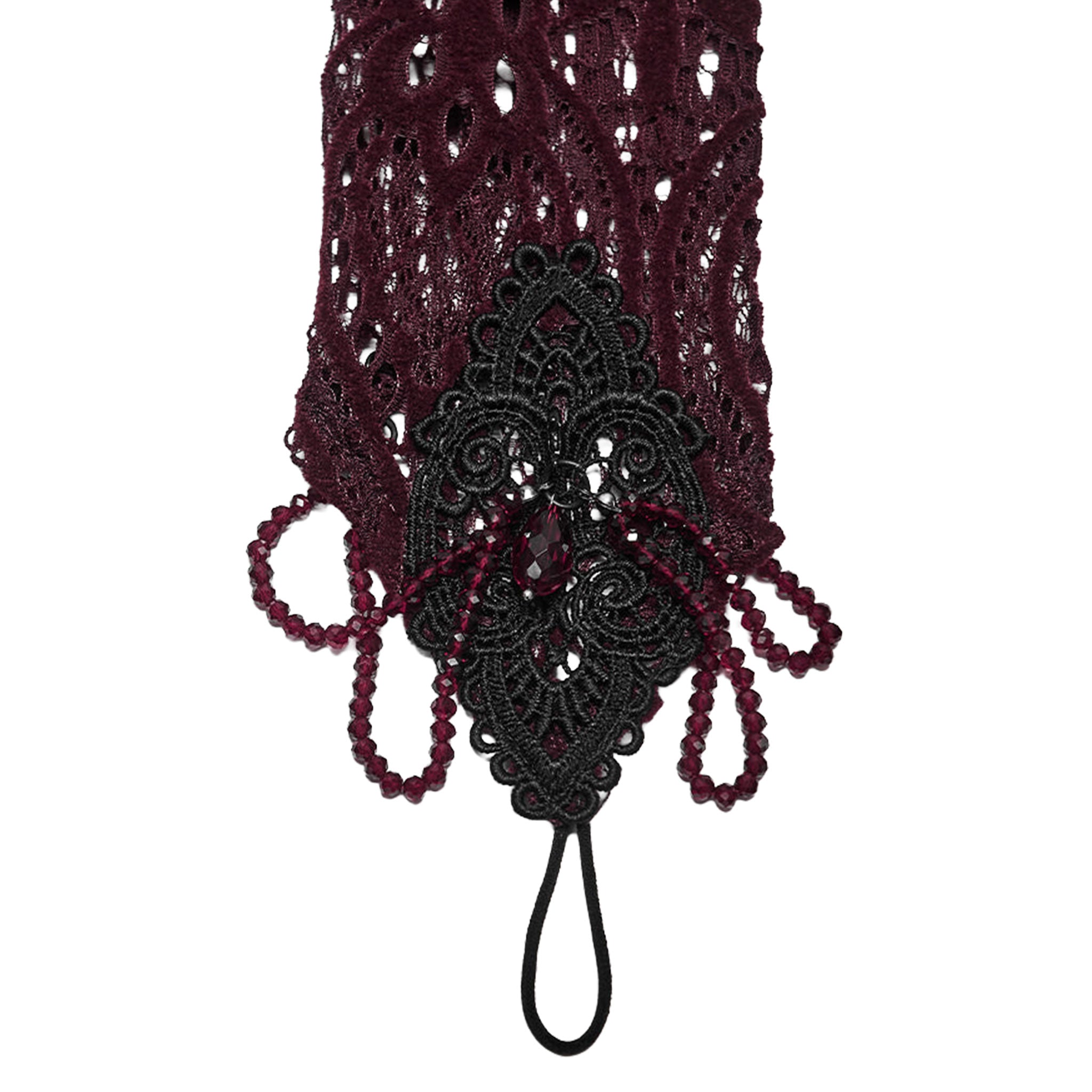 Polyester elastane lace knit openwork accessories arm-gear gloves arm-warmers fingerless opera-length finger-loop lace-applique crystal-beads beaded lobster-clasp stretchy comfortable elegant contouring graceful dramatic form-fitting hollow textured fashion alt-fashion alternative dark goth gothic renfaire renaissance festival romantic eveningwear roleplay role-play noble princess queen vampire vampire-fashion costume cosplay halloween afterdark-collection female femme feminine womens red