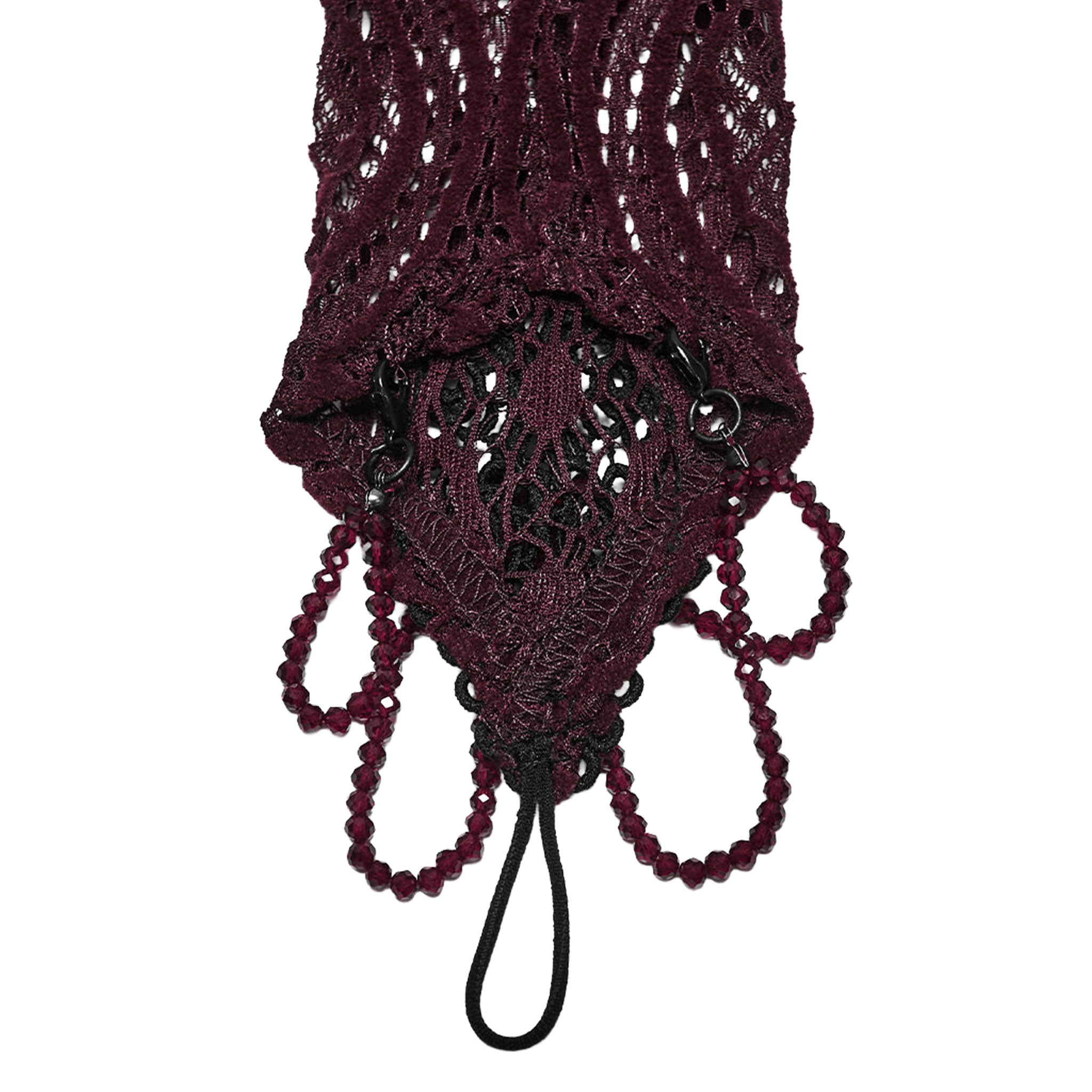 Polyester elastane lace knit openwork accessories arm-gear gloves arm-warmers fingerless opera-length finger-loop lace-applique crystal-beads beaded lobster-clasp stretchy comfortable elegant contouring graceful dramatic form-fitting hollow textured fashion alt-fashion alternative dark goth gothic renfaire renaissance festival romantic eveningwear roleplay role-play noble princess queen vampire vampire-fashion costume cosplay halloween afterdark-collection female femme feminine womens red