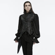 Cotton polyester metallic-chain top outerwear vest double-breasted button lace-up chain hanging-chains asymmetrical uneven elongated long-tails decorative-buttons adjustable slim-fit scalloped scalloped-lapels zip-pockets zipper fancy dark elegant striking lightweight comfortable breathable dramatic mystery sophistication stylish functionality goth gothic victorian vintage noble nobility aristocrat costume cosplay halloween vampire bat bat-themed male masculine masc mens menswear guys dudes black