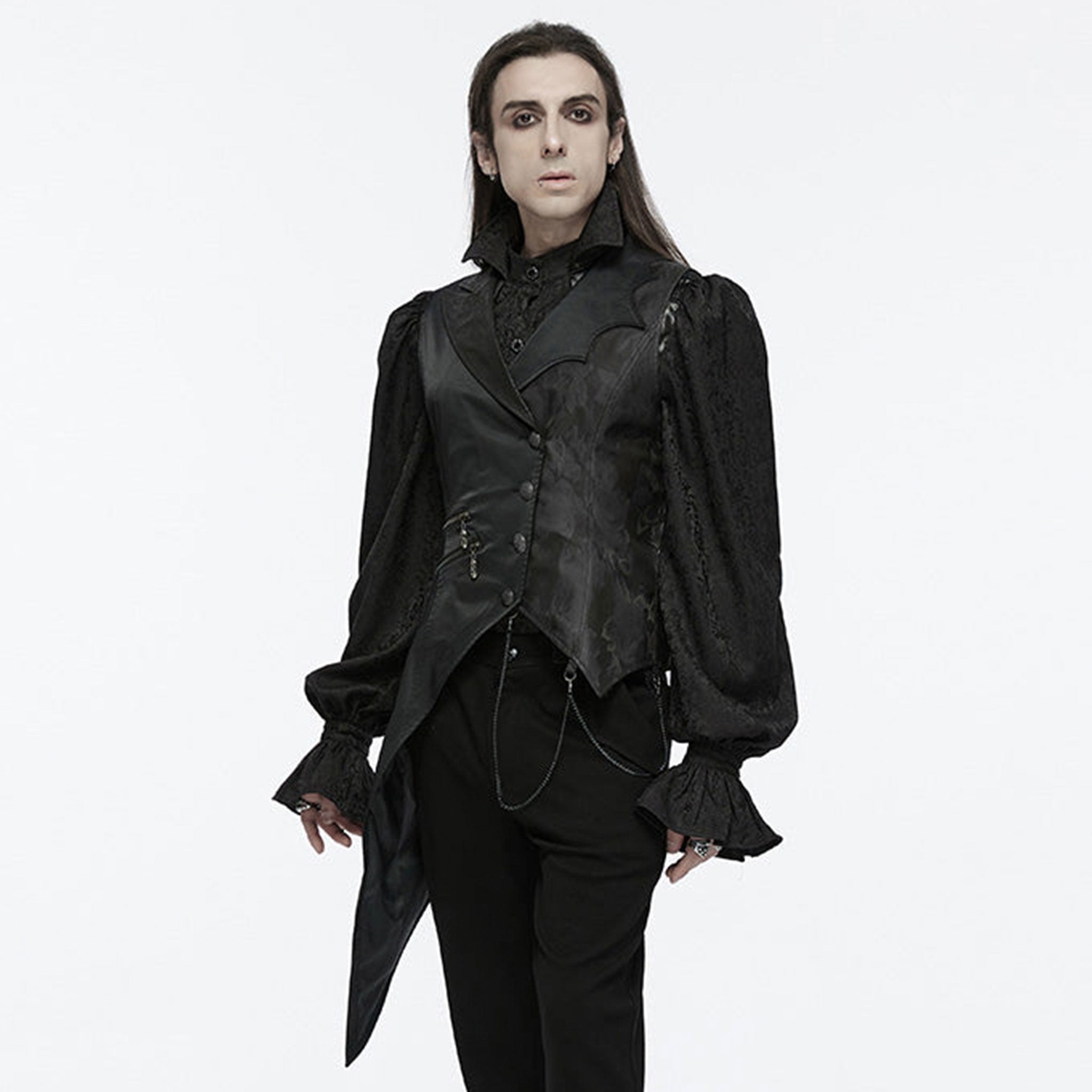 Cotton polyester metallic-chain top outerwear vest double-breasted button lace-up chain hanging-chains asymmetrical uneven elongated long-tails decorative-buttons adjustable slim-fit scalloped scalloped-lapels zip-pockets zipper fancy dark elegant striking lightweight comfortable breathable dramatic mystery sophistication stylish functionality goth gothic victorian vintage noble nobility aristocrat costume cosplay halloween vampire bat bat-themed male masculine masc mens menswear guys dudes black