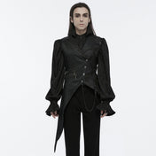 Cotton polyester metallic-chain top outerwear vest double-breasted button lace-up chain hanging-chains asymmetrical uneven elongated long-tails decorative-buttons adjustable slim-fit scalloped scalloped-lapels zip-pockets zipper fancy dark elegant striking lightweight comfortable breathable dramatic mystery sophistication stylish functionality goth gothic victorian vintage noble nobility aristocrat costume cosplay halloween vampire bat bat-themed male masculine masc mens menswear guys dudes black