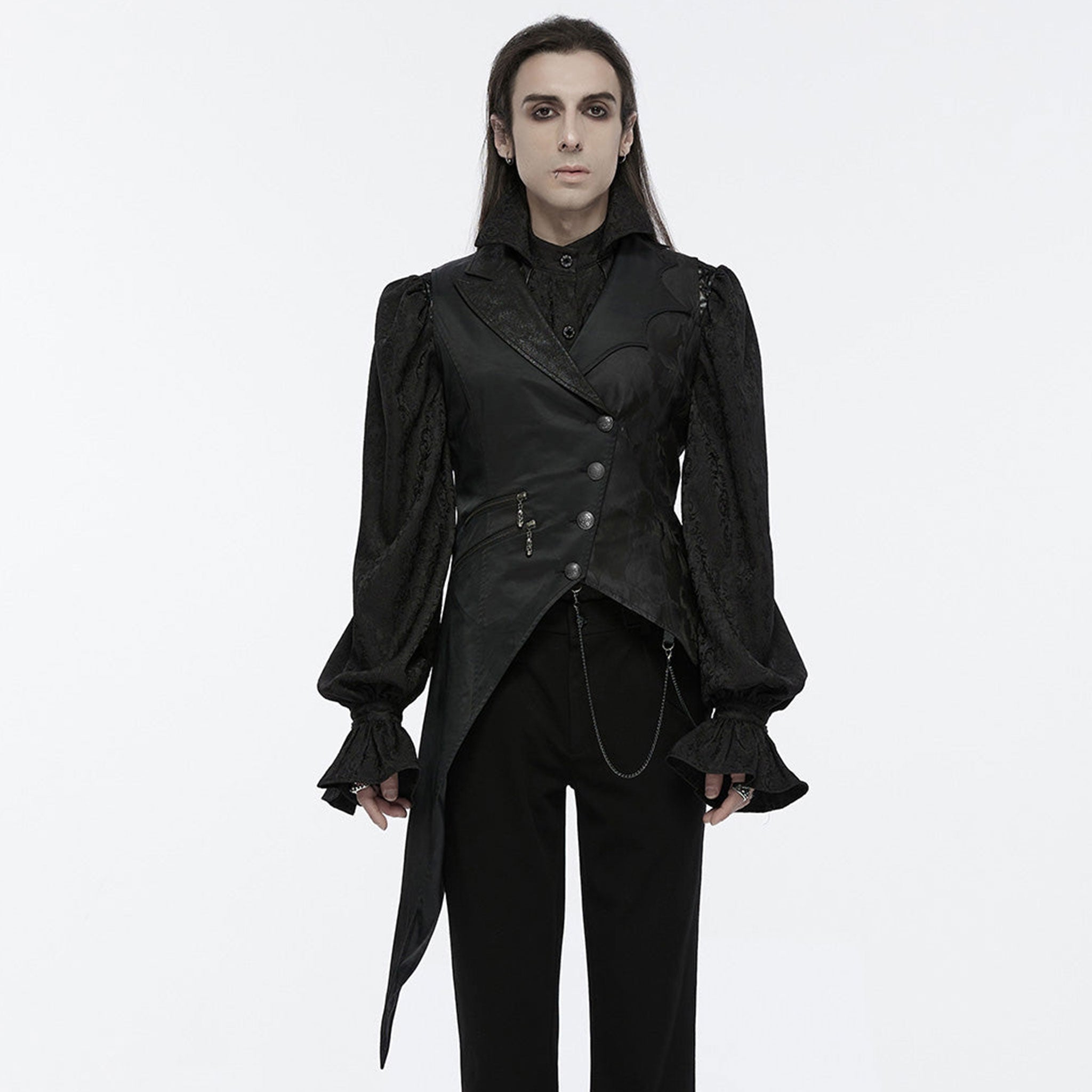 Cotton polyester metallic-chain top outerwear vest double-breasted button lace-up chain hanging-chains asymmetrical uneven elongated long-tails decorative-buttons adjustable slim-fit scalloped scalloped-lapels zip-pockets zipper fancy dark elegant striking lightweight comfortable breathable dramatic mystery sophistication stylish functionality goth gothic victorian vintage noble nobility aristocrat costume cosplay halloween vampire bat bat-themed male masculine masc mens menswear guys dudes black