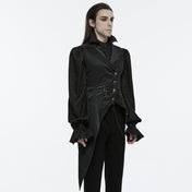 Cotton polyester metallic-chain top outerwear vest double-breasted button lace-up chain hanging-chains asymmetrical uneven elongated long-tails decorative-buttons adjustable slim-fit scalloped scalloped-lapels zip-pockets zipper fancy dark elegant striking lightweight comfortable breathable dramatic mystery sophistication stylish functionality goth gothic victorian vintage noble nobility aristocrat costume cosplay halloween vampire bat bat-themed male masculine masc mens menswear guys dudes black