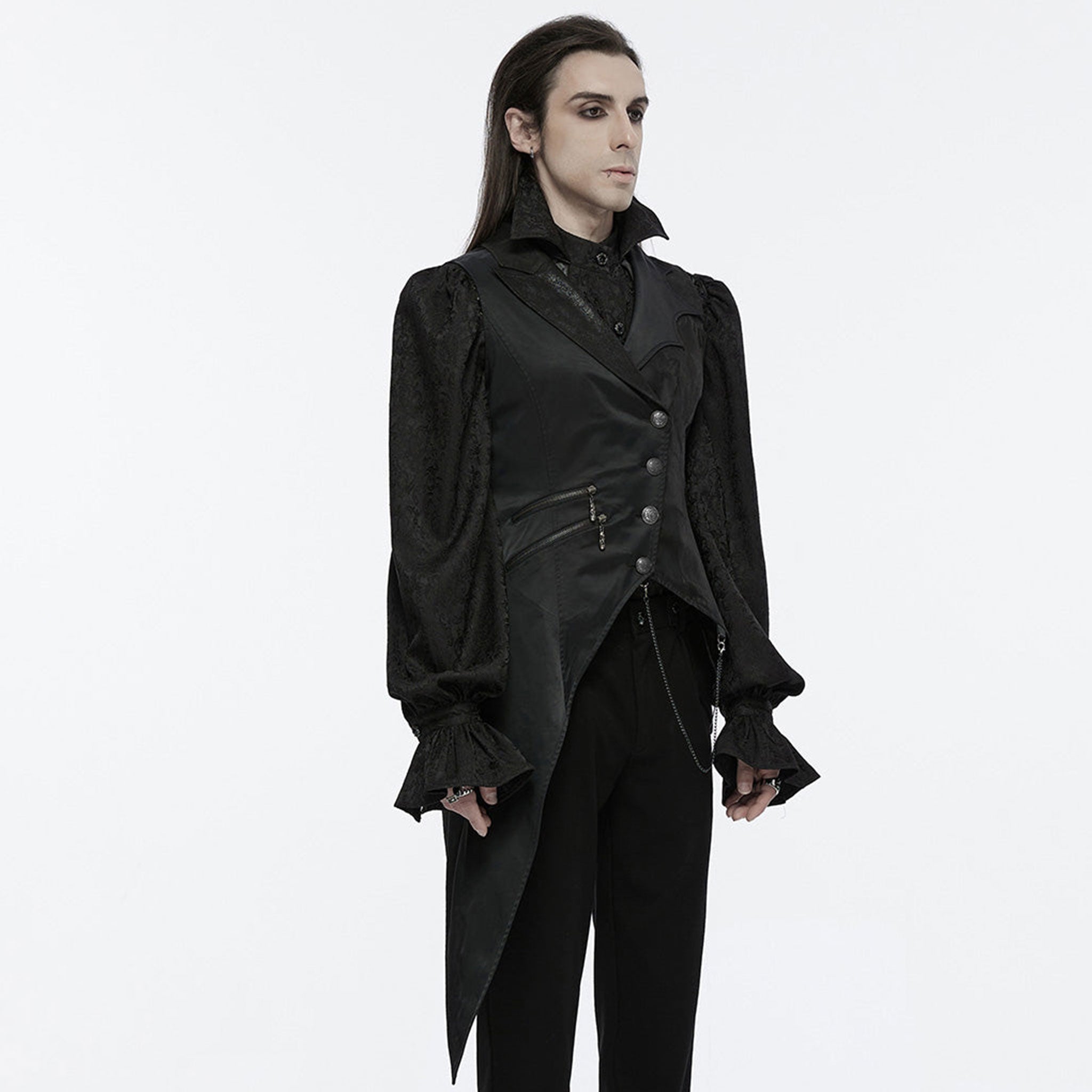 Cotton polyester metallic-chain top outerwear vest double-breasted button lace-up chain hanging-chains asymmetrical uneven elongated long-tails decorative-buttons adjustable slim-fit scalloped scalloped-lapels zip-pockets zipper fancy dark elegant striking lightweight comfortable breathable dramatic mystery sophistication stylish functionality goth gothic victorian vintage noble nobility aristocrat costume cosplay halloween vampire bat bat-themed male masculine masc mens menswear guys dudes black