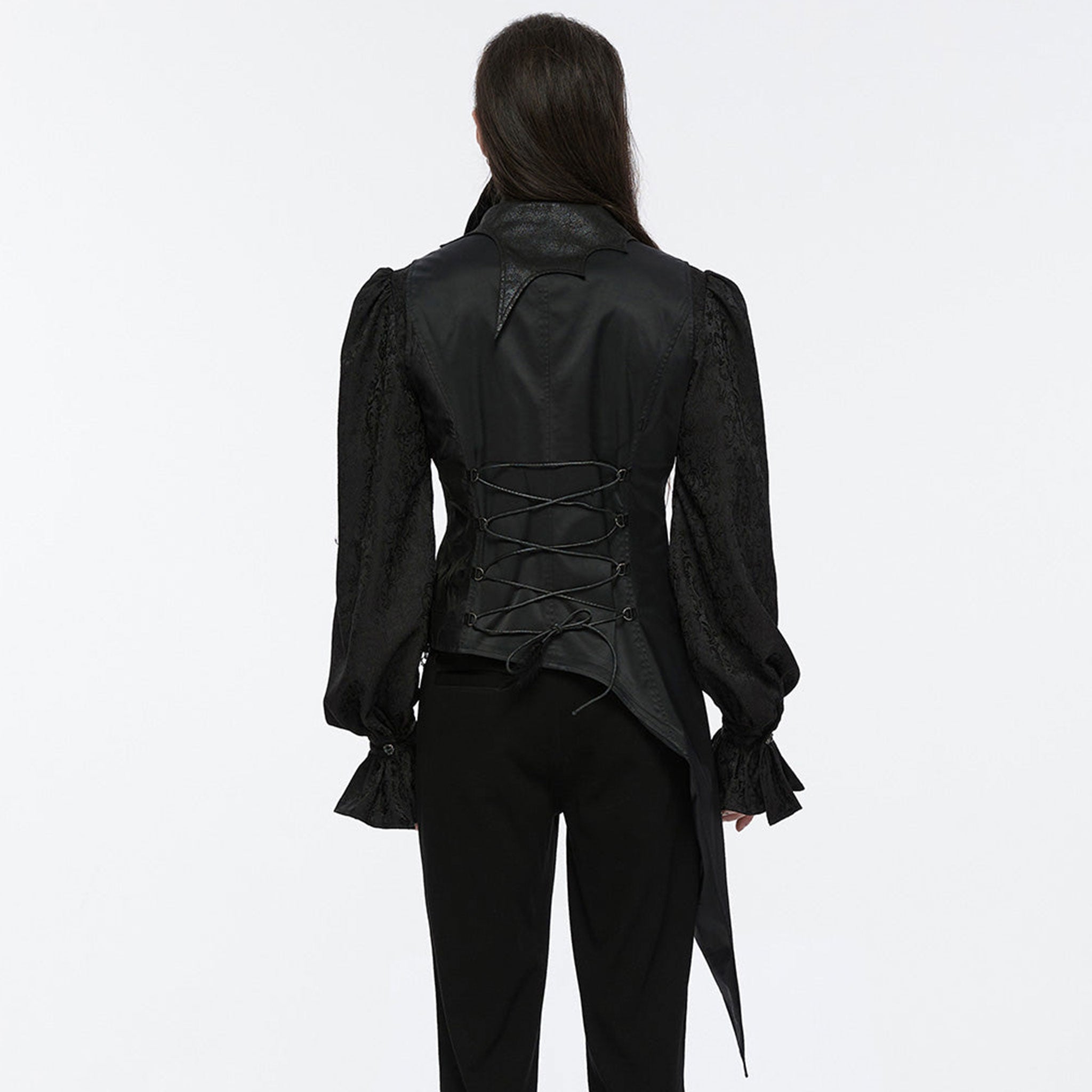 Cotton polyester metallic-chain top outerwear vest double-breasted button lace-up chain hanging-chains asymmetrical uneven elongated long-tails decorative-buttons adjustable slim-fit scalloped scalloped-lapels zip-pockets zipper fancy dark elegant striking lightweight comfortable breathable dramatic mystery sophistication stylish functionality goth gothic victorian vintage noble nobility aristocrat costume cosplay halloween vampire bat bat-themed male masculine masc mens menswear guys dudes black