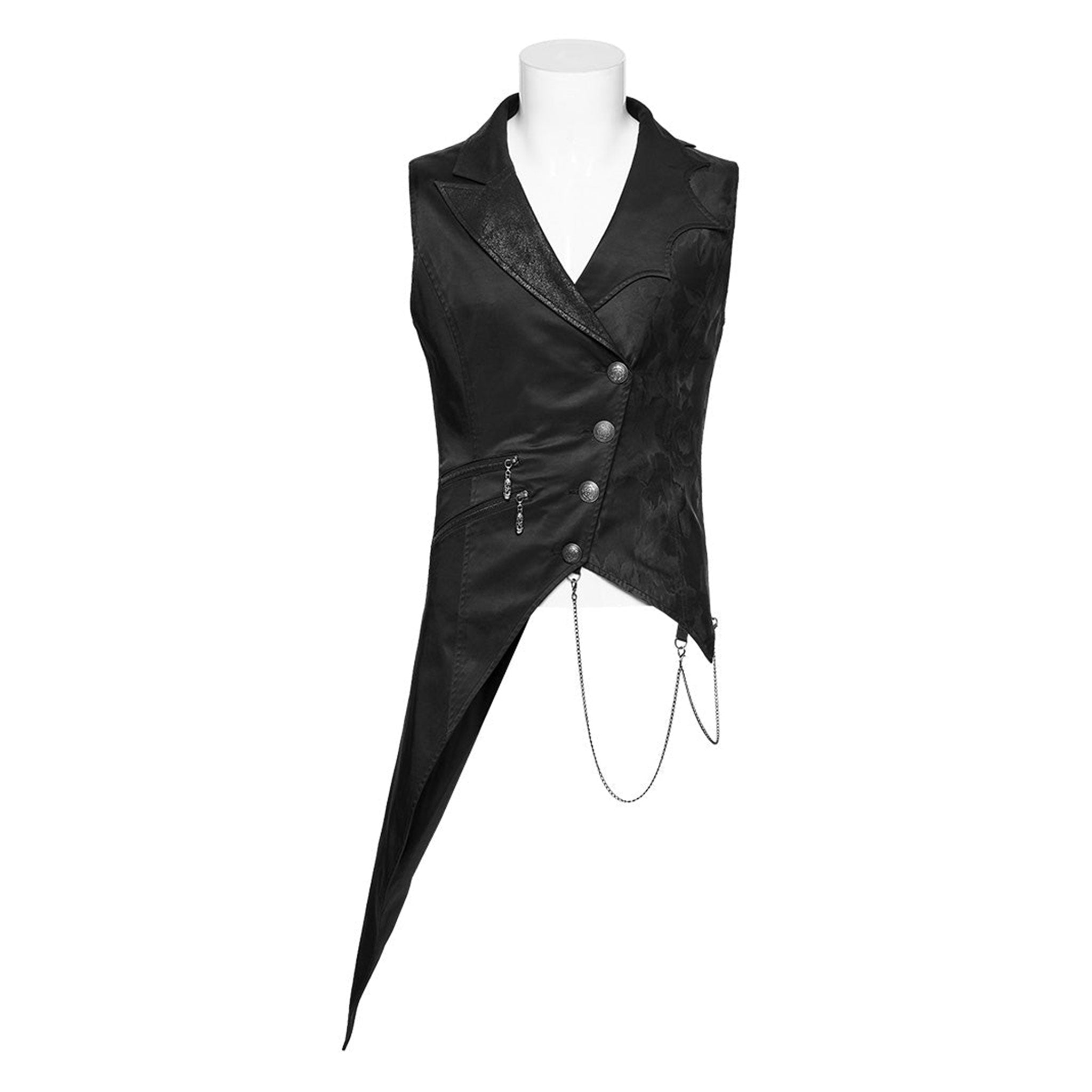 Cotton polyester metallic-chain top outerwear vest double-breasted button lace-up chain hanging-chains asymmetrical uneven elongated long-tails decorative-buttons adjustable slim-fit scalloped scalloped-lapels zip-pockets zipper fancy dark elegant striking lightweight comfortable breathable dramatic mystery sophistication stylish functionality goth gothic victorian vintage noble nobility aristocrat costume cosplay halloween vampire bat bat-themed male masculine masc mens menswear guys dudes black
