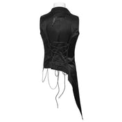 Cotton polyester metallic-chain top outerwear vest double-breasted button lace-up chain hanging-chains asymmetrical uneven elongated long-tails decorative-buttons adjustable slim-fit scalloped scalloped-lapels zip-pockets zipper fancy dark elegant striking lightweight comfortable breathable dramatic mystery sophistication stylish functionality goth gothic victorian vintage noble nobility aristocrat costume cosplay halloween vampire bat bat-themed male masculine masc mens menswear guys dudes black