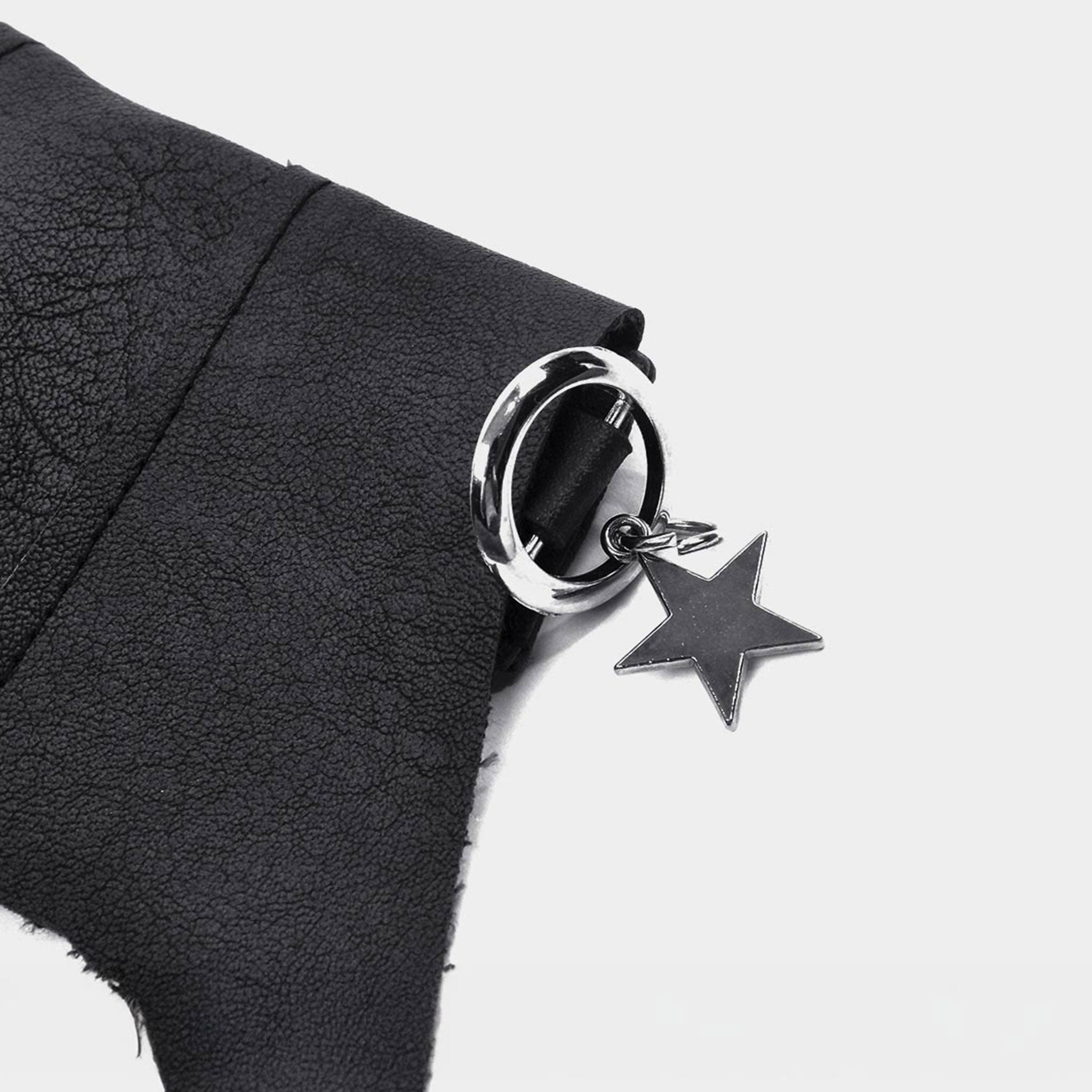 Leather leatherette faux-leather vegan-leather suede matte-finish accessories collar choker bat batwing batwing-shape lapels adjustable buckle star star-charm removable O-ring 3d-stitching reinforced-stitching nocturnal sleek celestial danger dream edgy elegant showstopper show-stopper fierce graceful fetish fashion alt-fashion goth gothic punk nu-goth dark-academia lolita gothic-lolita costume cosplay halloween vampire vampiric female femme feminine womens unisex black silver