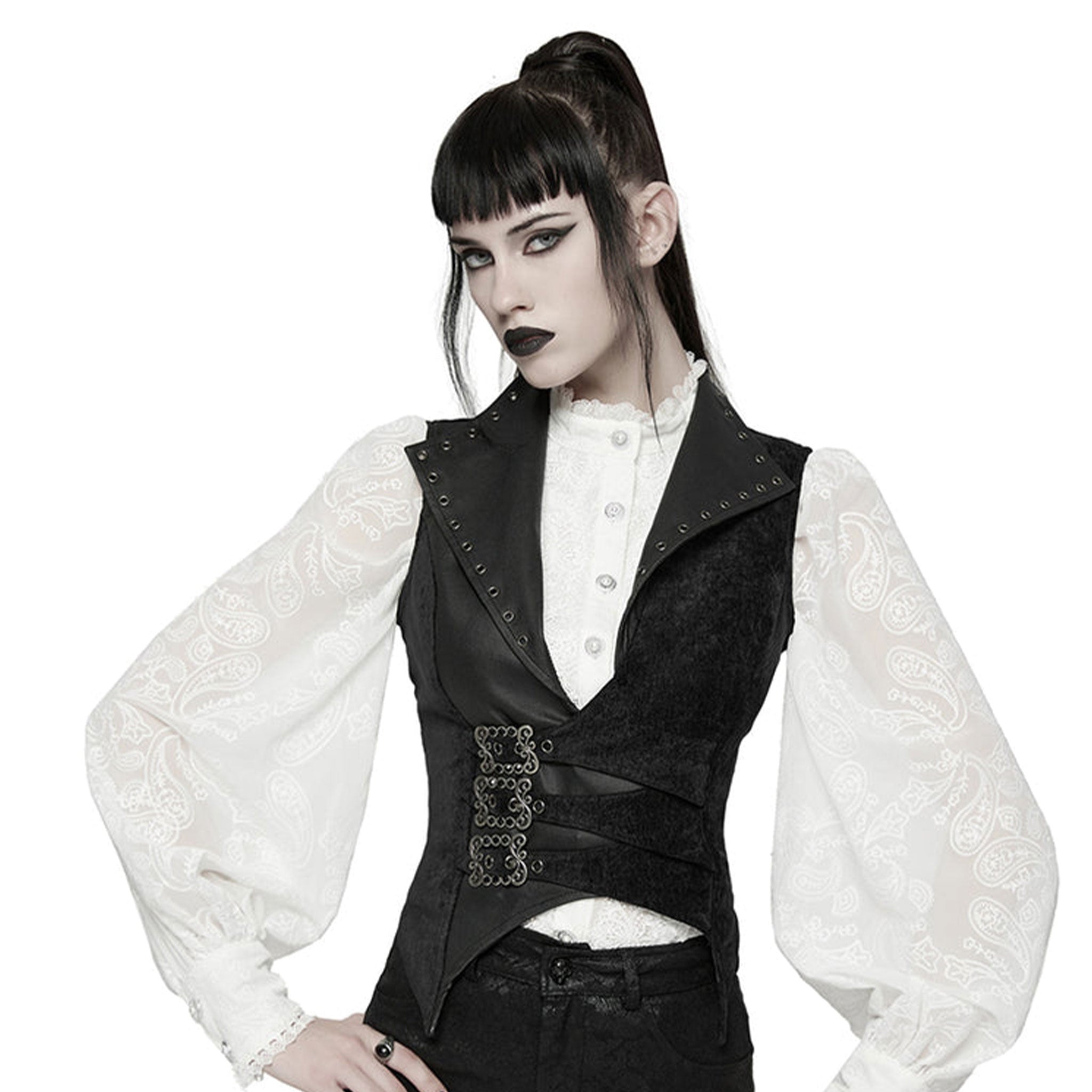 Chenille polyester elastane viscose polyamide apparel tops vest sleeveless lapels studded-collar studded-lapels adjustable buckle lace-up back-laceup drawstrings skull-caps slim-fitting soft comfortable fierce elegant bold unique fetish fashion alt-fashion punk goth gothic goth-doll costume cosplay halloween pirate sky-pirate swashbuckler female femme feminine womens black
