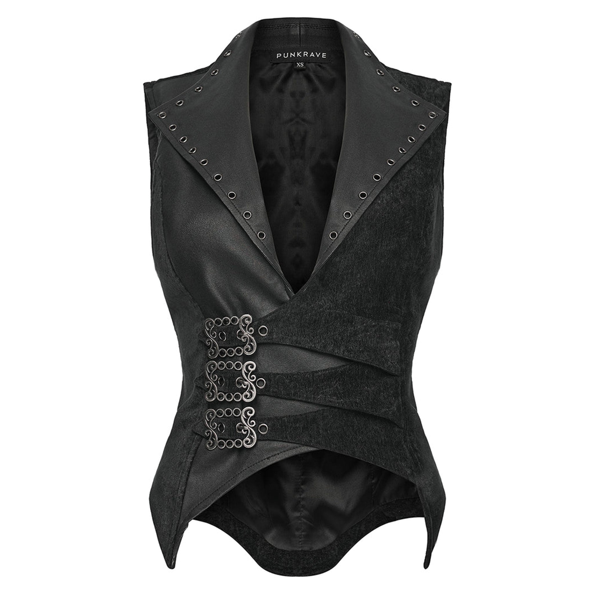 Chenille polyester elastane viscose polyamide apparel tops vest sleeveless lapels studded-collar studded-lapels adjustable buckle lace-up back-laceup drawstrings skull-caps slim-fitting soft comfortable fierce elegant bold unique fetish fashion alt-fashion punk goth gothic goth-doll costume cosplay halloween pirate sky-pirate swashbuckler female femme feminine womens black