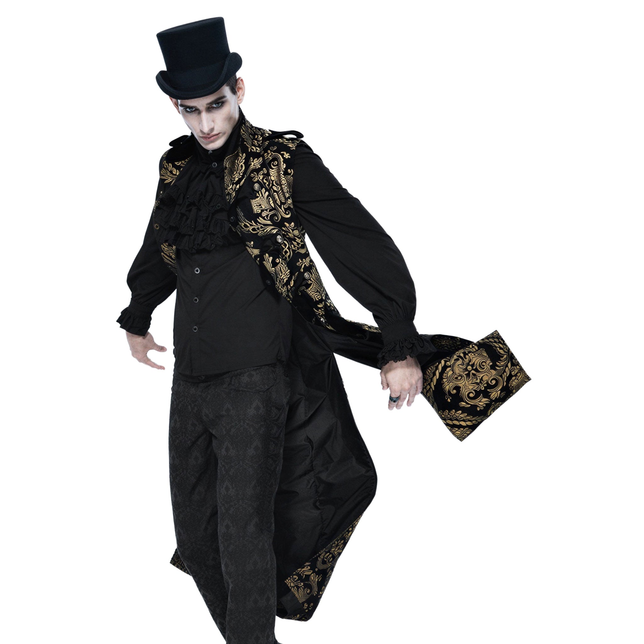 Polyester nylon jacquard brocade floral-embroidery embroidered apparel tops outerwear coat jacket military-jacket waistcoat military-waistcoat long sleeveless split-collar round-buttons snap-button press-stud braided-straps shoulder-tab functional eye-catching sophisticated exquisite elegant ornate stunning fetish fashion alt-fashion goth gothic festival renaissance steampunk costume cosplay halloween halloween-couture pirate privateer nobility male masculine masc mens menswear guys dudes gold-black