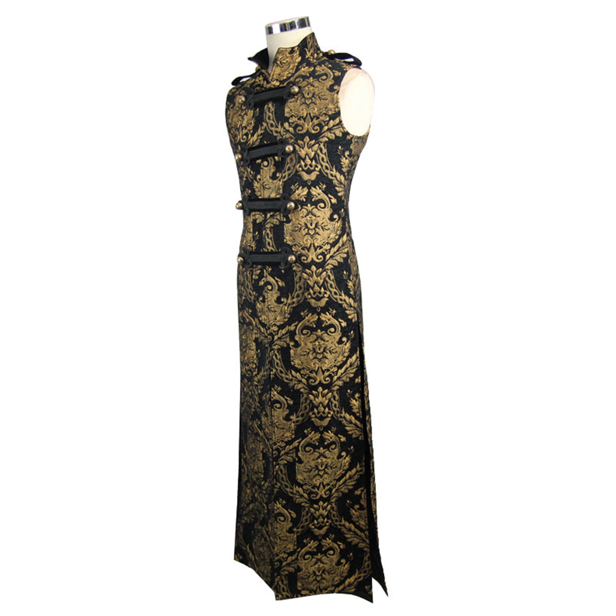 Polyester nylon jacquard brocade floral-embroidery embroidered apparel tops outerwear coat jacket military-jacket waistcoat military-waistcoat long sleeveless split-collar round-buttons snap-button press-stud braided-straps shoulder-tab functional eye-catching sophisticated exquisite elegant ornate stunning fetish fashion alt-fashion goth gothic festival renaissance steampunk costume cosplay halloween halloween-couture pirate privateer nobility male masculine masc mens menswear guys dudes gold-black