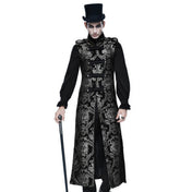Polyester nylon jacquard brocade floral-embroidery embroidered apparel tops outerwear coat jacket military-jacket waistcoat military-waistcoat long sleeveless split-collar round-buttons snap-button press-stud braided-straps shoulder-tab functional eye-catching sophisticated exquisite elegant ornate stunning fetish fashion alt-fashion goth gothic festival renaissance steampunk costume cosplay halloween halloween-couture pirate privateer nobility male masculine masc mens menswear guys dudes silver-black
