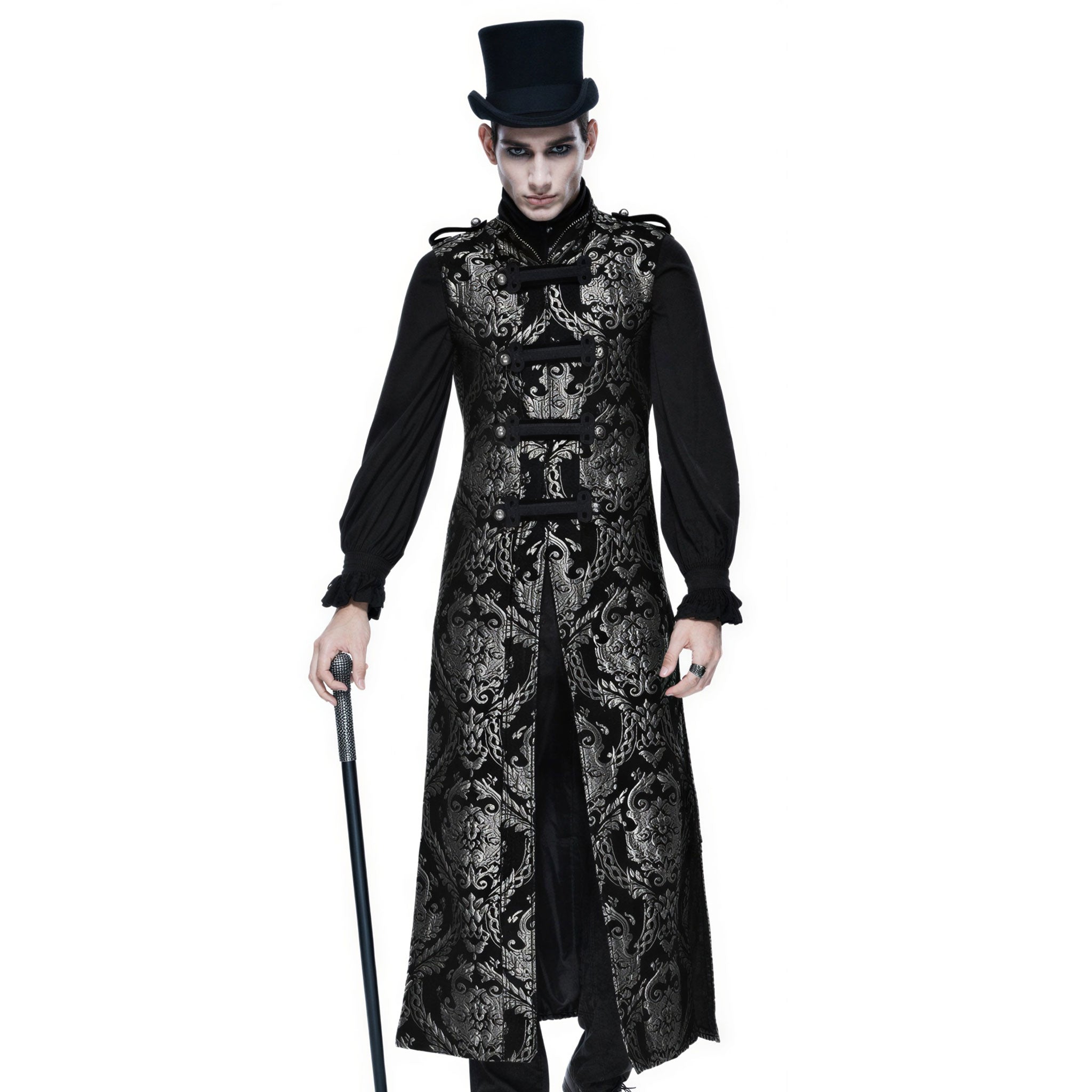 Polyester nylon jacquard brocade floral-embroidery embroidered apparel tops outerwear coat jacket military-jacket waistcoat military-waistcoat long sleeveless split-collar round-buttons snap-button press-stud braided-straps shoulder-tab functional eye-catching sophisticated exquisite elegant ornate stunning fetish fashion alt-fashion goth gothic festival renaissance steampunk costume cosplay halloween halloween-couture pirate privateer nobility male masculine masc mens menswear guys dudes silver-black