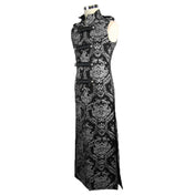 Polyester nylon jacquard brocade floral-embroidery embroidered apparel tops outerwear coat jacket military-jacket waistcoat military-waistcoat long sleeveless split-collar round-buttons snap-button press-stud braided-straps shoulder-tab functional eye-catching sophisticated exquisite elegant ornate stunning fetish fashion alt-fashion goth gothic festival renaissance steampunk costume cosplay halloween halloween-couture pirate privateer nobility male masculine masc mens menswear guys dudes silver-black