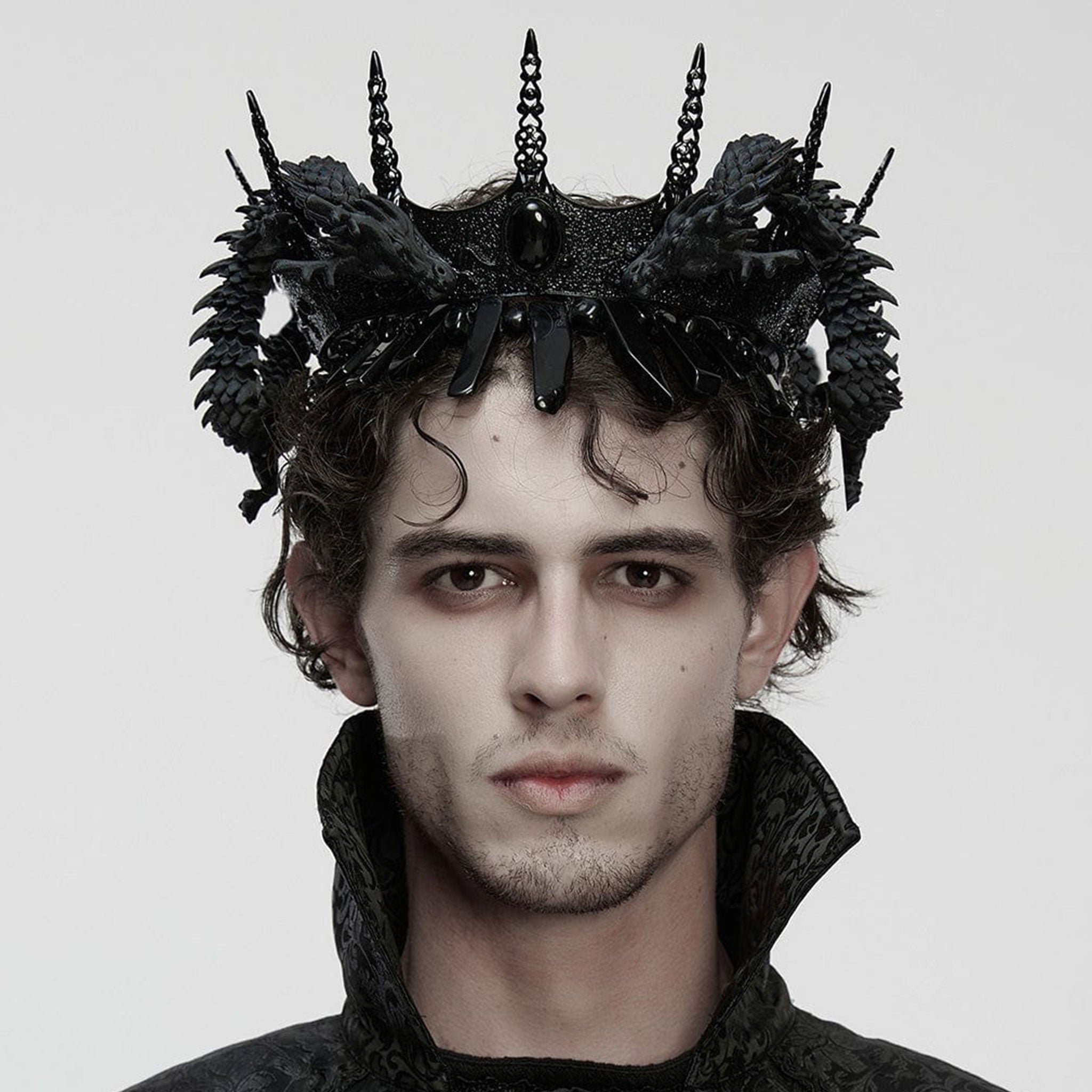 PLA polylactic-acid biodegradable bioplastic metallic-alloy iron plastic 3D-printed printed-plastic natural-stones stones accessories headgear crown dragon asian-dragon snake-dragon coiled-dragon poseable ball-joints hinge-joints heterogeneous textured variable fetish fashion alt-fashion goth gothic costume cosplay halloween royalty nobility unisex black