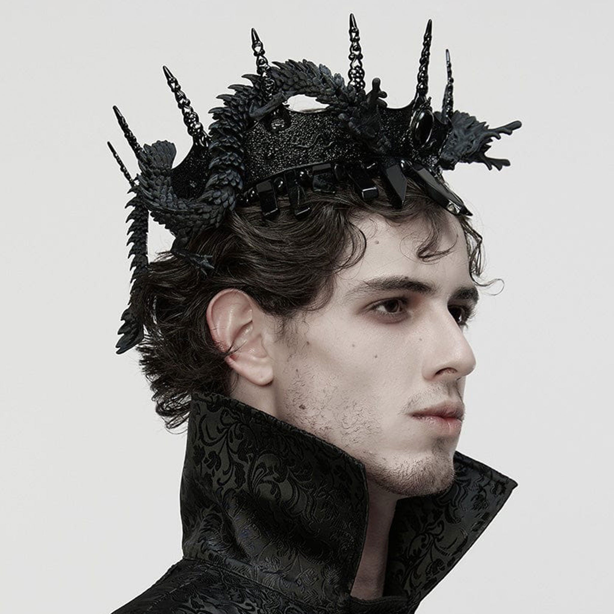 PLA polylactic-acid biodegradable bioplastic metallic-alloy iron plastic 3D-printed printed-plastic natural-stones stones accessories headgear crown dragon asian-dragon snake-dragon coiled-dragon poseable ball-joints hinge-joints heterogeneous textured variable fetish fashion alt-fashion goth gothic costume cosplay halloween royalty nobility unisex black