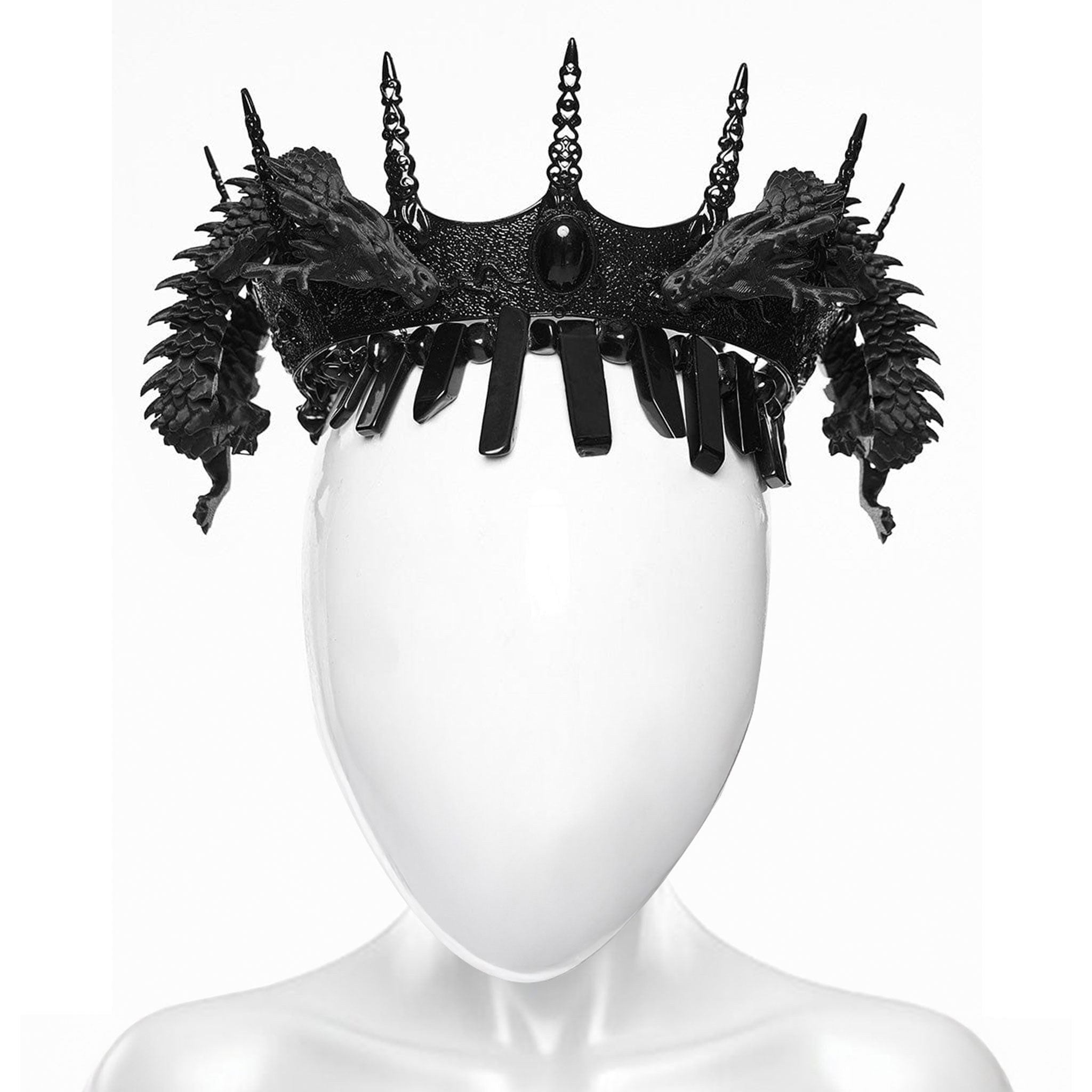 PLA polylactic-acid biodegradable bioplastic metallic-alloy iron plastic 3D-printed printed-plastic natural-stones stones accessories headgear crown dragon asian-dragon snake-dragon coiled-dragon poseable ball-joints hinge-joints heterogeneous textured variable fetish fashion alt-fashion goth gothic costume cosplay halloween royalty nobility unisex black