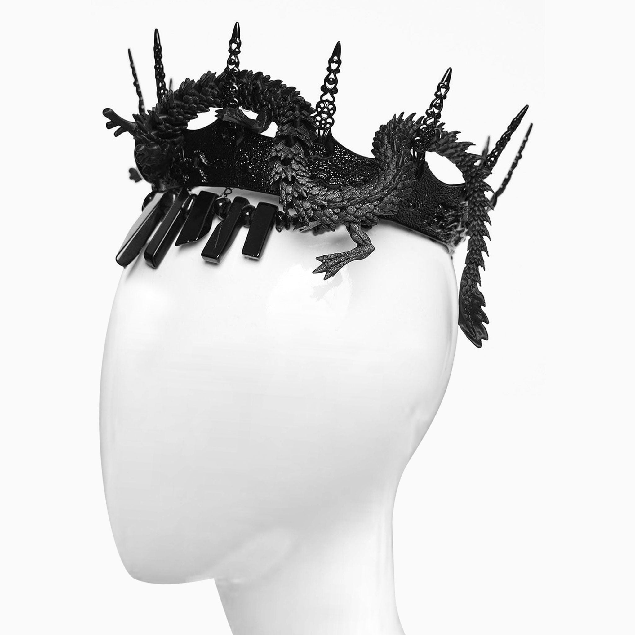 PLA polylactic-acid biodegradable bioplastic metallic-alloy iron plastic 3D-printed printed-plastic natural-stones stones accessories headgear crown dragon asian-dragon snake-dragon coiled-dragon poseable ball-joints hinge-joints heterogeneous textured variable fetish fashion alt-fashion goth gothic costume cosplay halloween royalty nobility unisex black