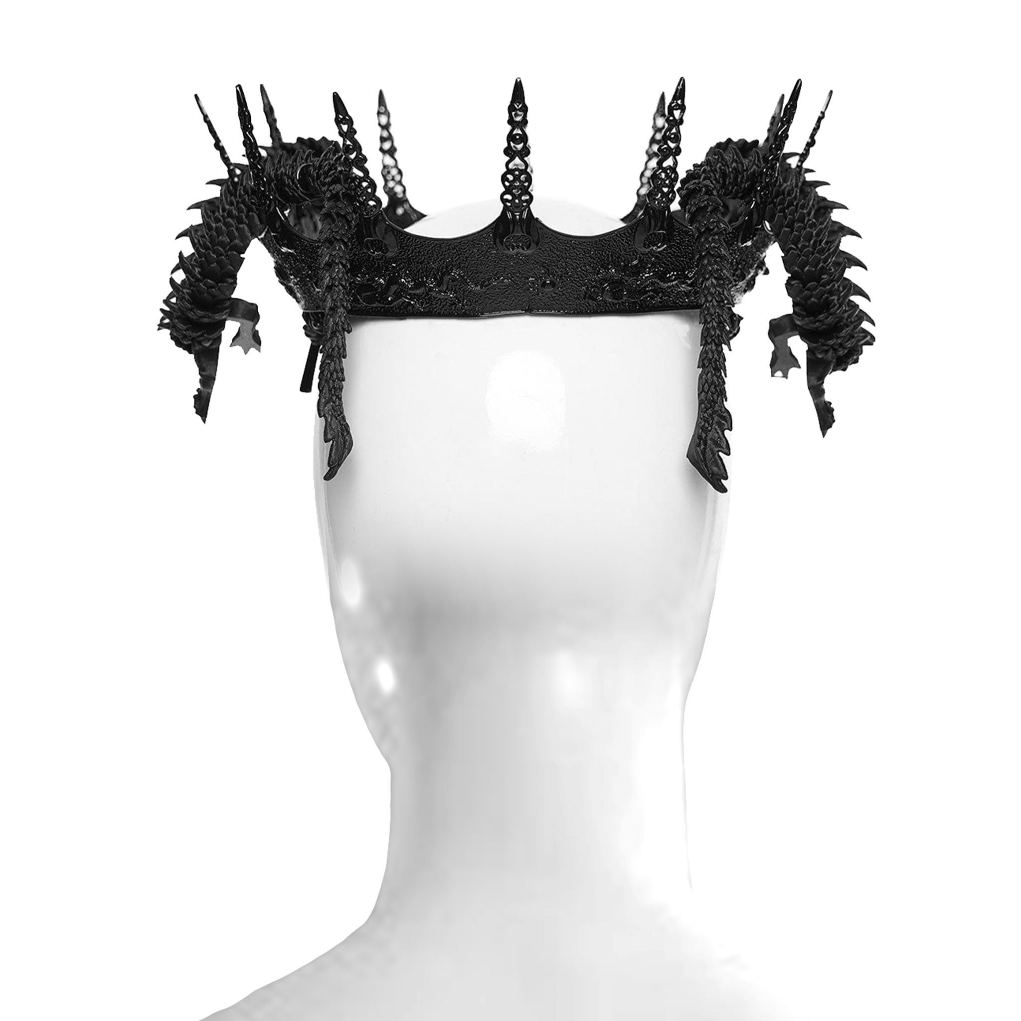 PLA polylactic-acid biodegradable bioplastic metallic-alloy iron plastic 3D-printed printed-plastic natural-stones stones accessories headgear crown dragon asian-dragon snake-dragon coiled-dragon poseable ball-joints hinge-joints heterogeneous textured variable fetish fashion alt-fashion goth gothic costume cosplay halloween royalty nobility unisex black