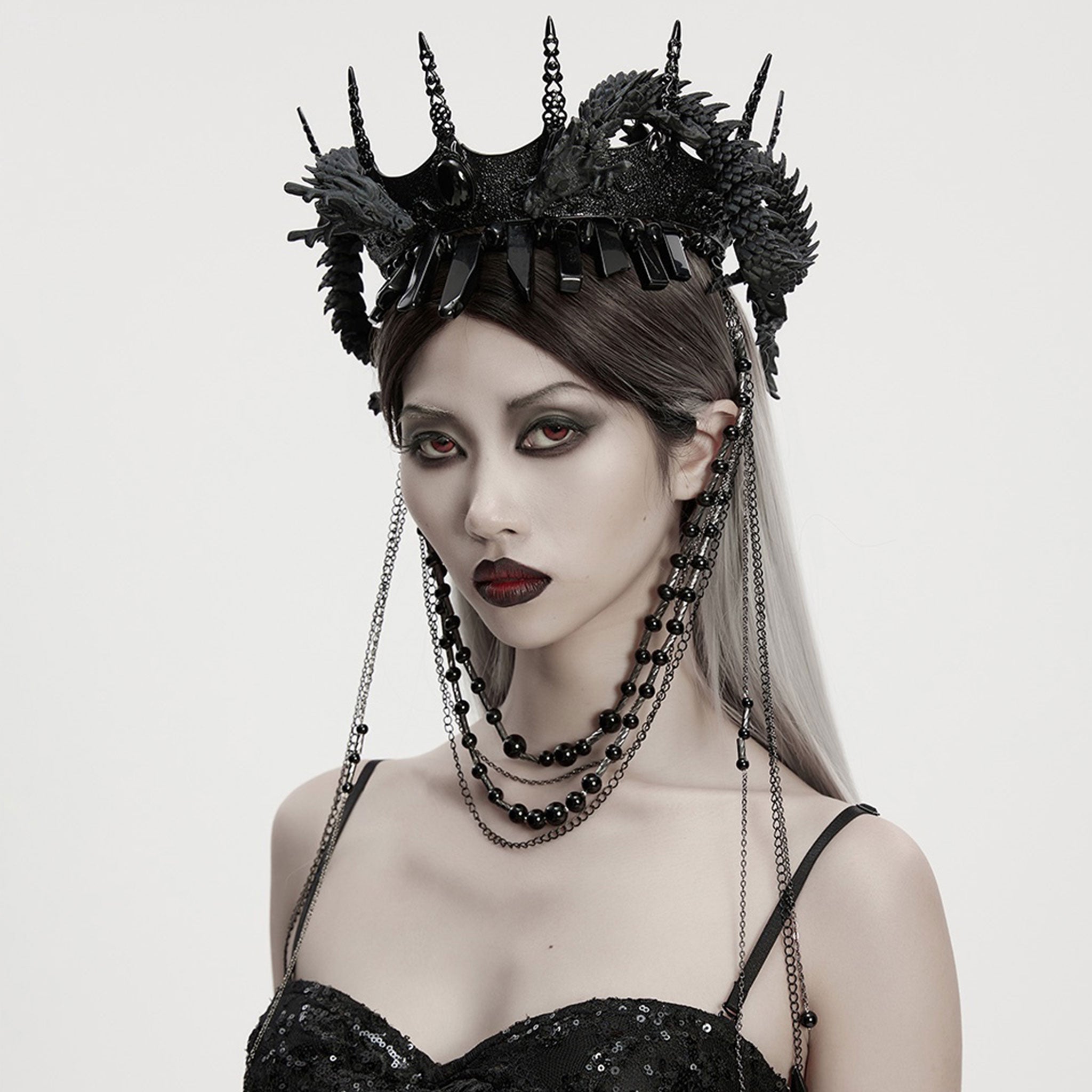 PLA polylactic-acid biodegradable bioplastic metallic-alloy iron plastic 3D-printed printed-plastic natural-stones stones accessories headgear crown removable-chains hanging-chains beaded-chain chain dragon asian-dragon snake-dragon coiled-dragon poseable ball-joints hinge-joints heterogeneous textured variable fetish fashion alt-fashion goth gothic costume cosplay halloween royalty nobility unisex black