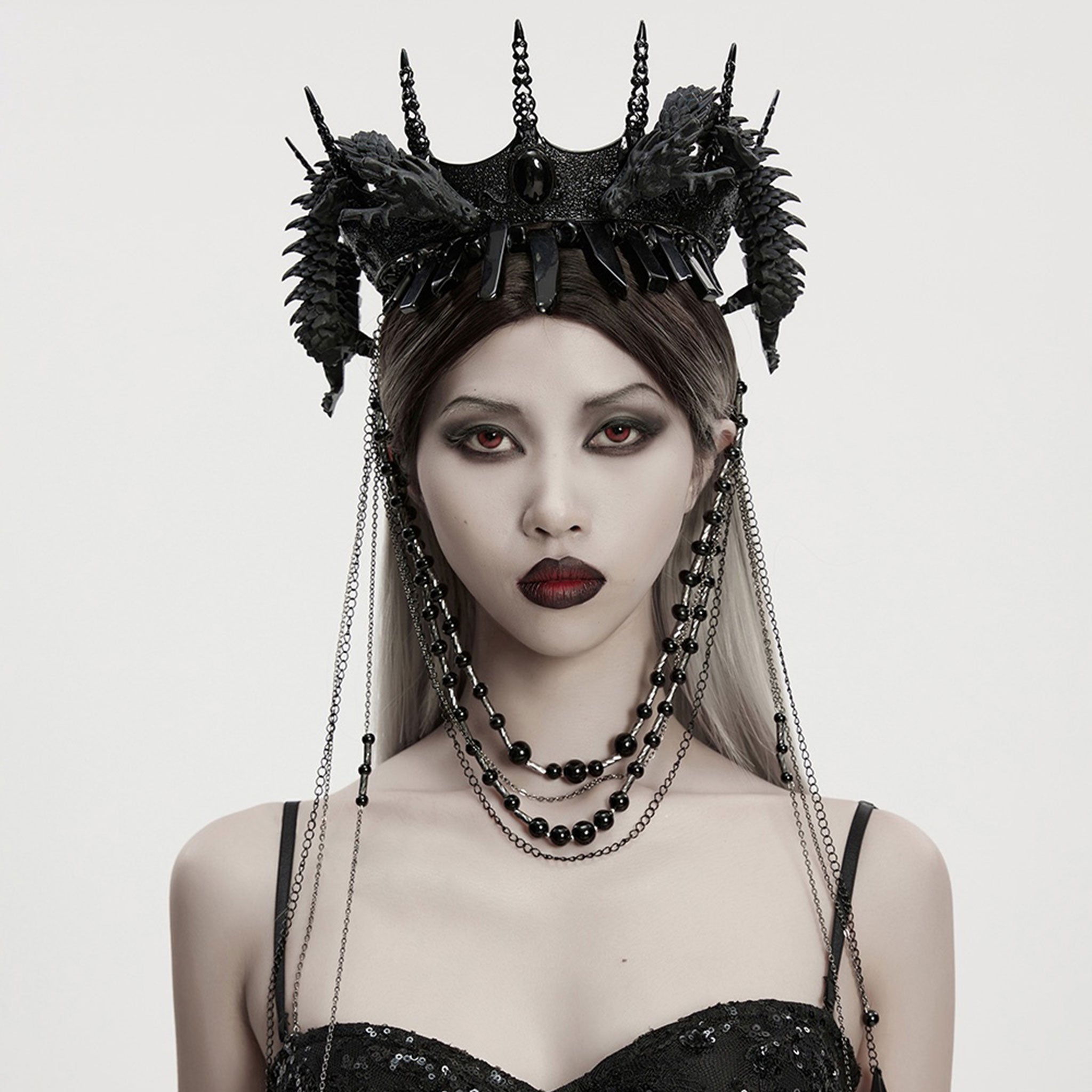 PLA polylactic-acid biodegradable bioplastic metallic-alloy iron plastic 3D-printed printed-plastic natural-stones stones accessories headgear crown removable-chains hanging-chains beaded-chain chain dragon asian-dragon snake-dragon coiled-dragon poseable ball-joints hinge-joints heterogeneous textured variable fetish fashion alt-fashion goth gothic costume cosplay halloween royalty nobility unisex black