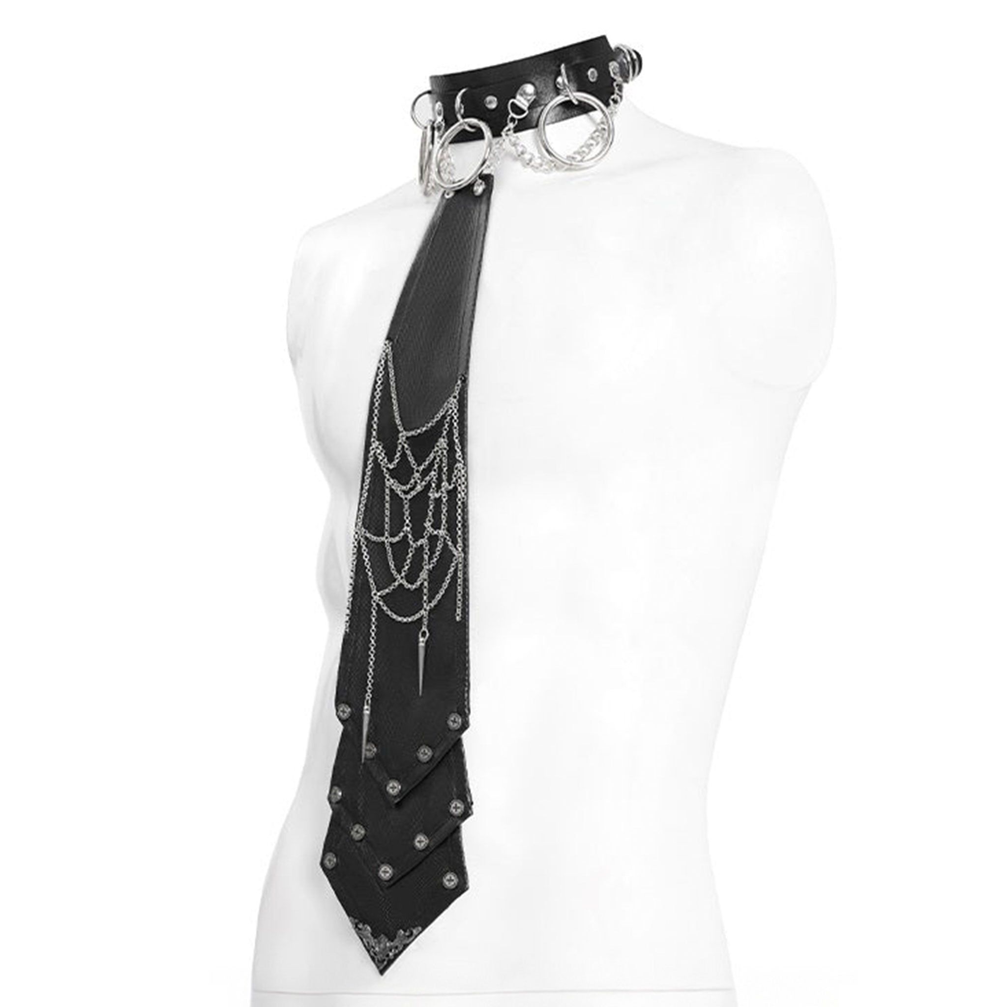 Cotton viscose leather faux-leather herringbone accessories collar choker double-layer dual-layer tie necktie O-ring D-ring spike spikes spiked chainmail chain spiderweb spider-web adjustable buckle rivets dangling silver-bars bold dark dramatic intense rebellion rebellious elegant elegance intricate mystery mysterious seduction seductive post-apocalyptic fetish fashion alt-fashion costume cosplay halloween military cyberpunk punk goth gothic grunge underground eerie black silver