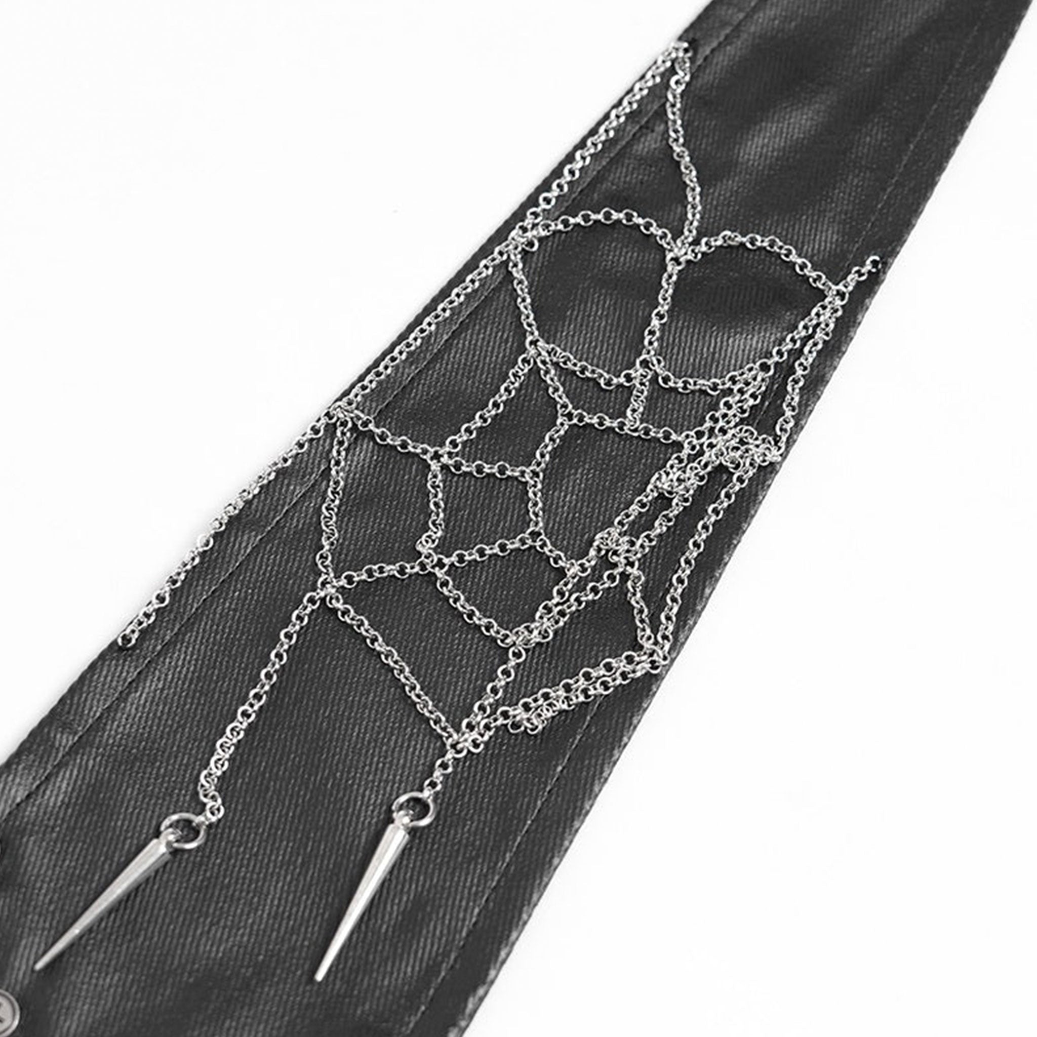 Cotton viscose leather faux-leather herringbone accessories collar choker double-layer dual-layer tie necktie O-ring D-ring spike spikes spiked chainmail chain spiderweb spider-web adjustable buckle rivets dangling silver-bars bold dark dramatic intense rebellion rebellious elegant elegance intricate mystery mysterious seduction seductive post-apocalyptic fetish fashion alt-fashion costume cosplay halloween military cyberpunk punk goth gothic grunge underground eerie black silver