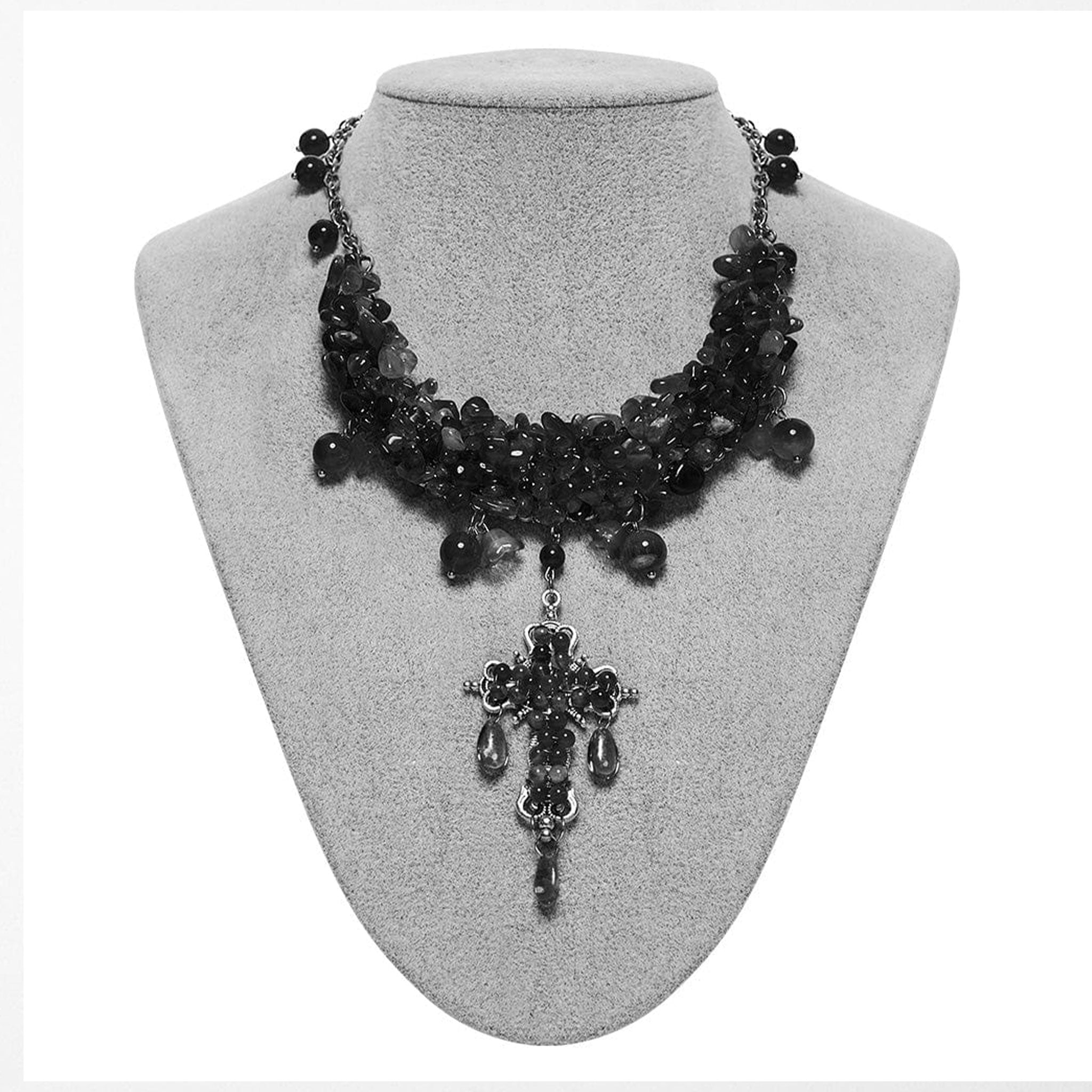 Metallic-alloy metallic-chain plstic polished-crystal crystal-beads crystal-gems charms gemstone-drops accessories jewelry necklace plastron-necklace plastron gemstone-covered gemstone-necklace crystal-necklace natural-jewelry adjustable lobster-clasp fashion alt-fashion casual festive costume cosplay halloween female femme feminine womens unisex black amethyst black-amethyst rare 