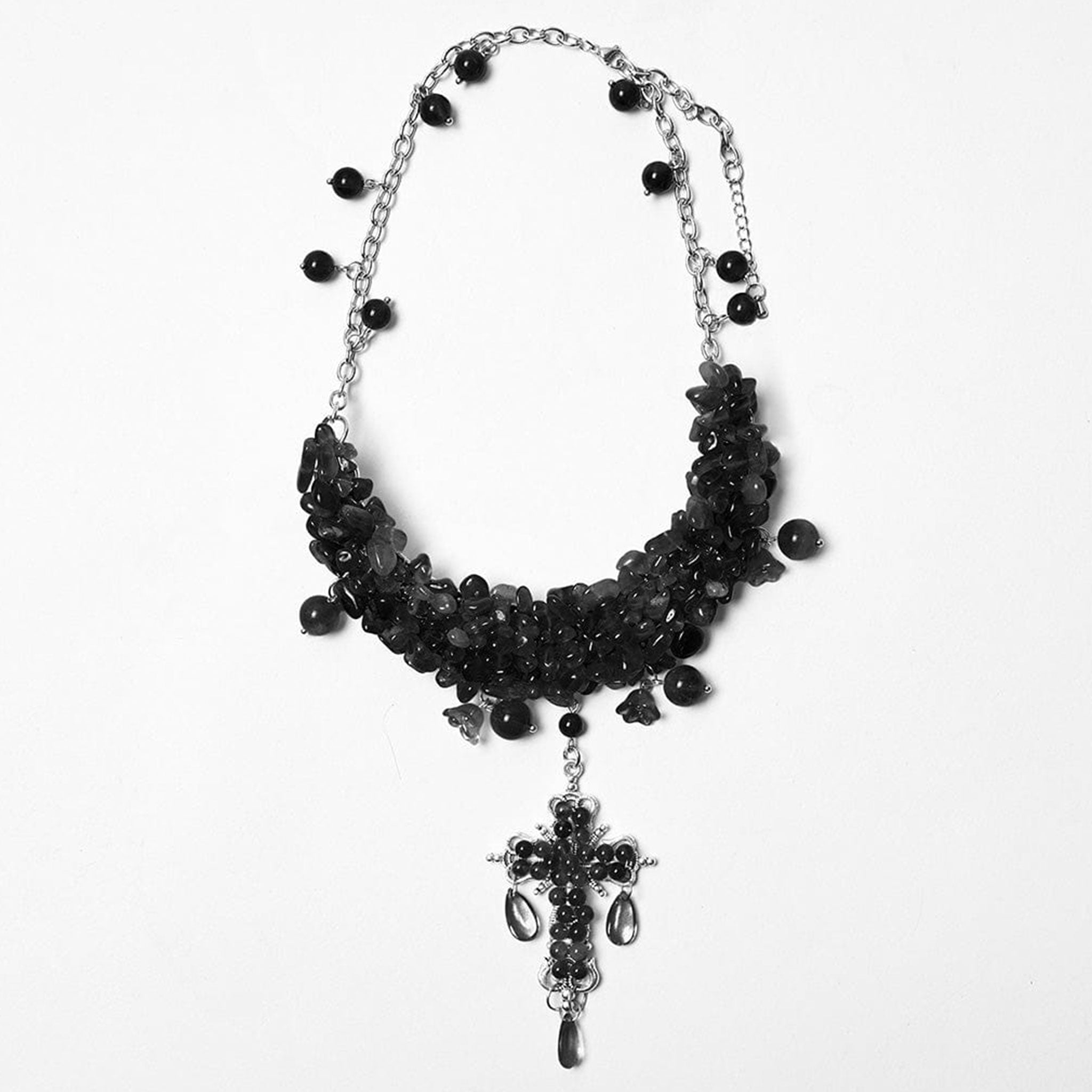 Metallic-alloy metallic-chain plstic polished-crystal crystal-beads crystal-gems charms gemstone-drops accessories jewelry necklace plastron-necklace plastron gemstone-covered gemstone-necklace crystal-necklace natural-jewelry adjustable lobster-clasp fashion alt-fashion casual festive costume cosplay halloween female femme feminine womens unisex black amethyst black-amethyst rare 
