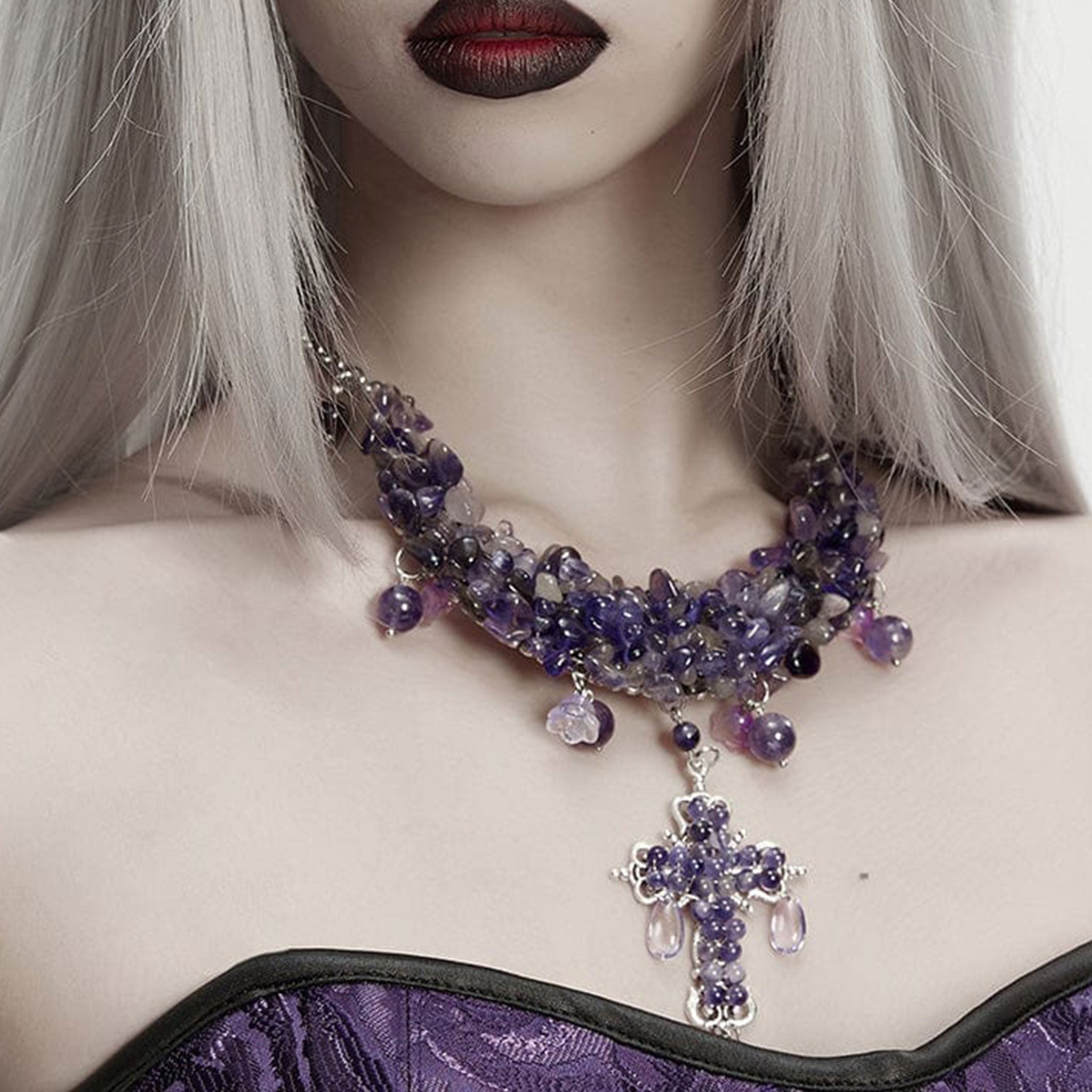 Metallic-alloy metallic-chain plstic polished-crystal crystal-beads crystal-gems charms gemstone-drops accessories jewelry necklace plastron-necklace plastron gemstone-covered gemstone-necklace crystal-necklace natural-jewelry adjustable lobster-clasp fashion alt-fashion casual festive costume cosplay halloween female femme feminine womens unisex purple violet amethyst