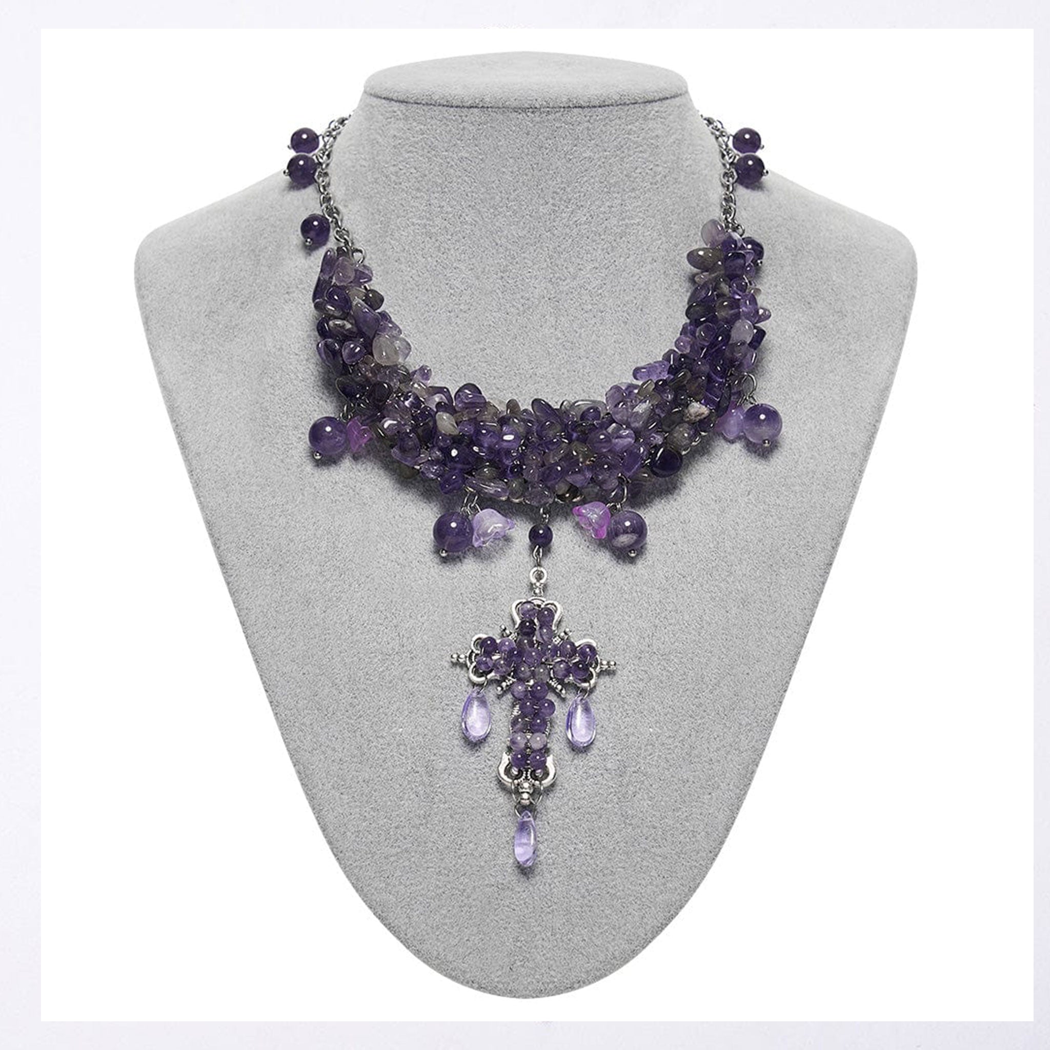 Metallic-alloy metallic-chain plstic polished-crystal crystal-beads crystal-gems charms gemstone-drops accessories jewelry necklace plastron-necklace plastron gemstone-covered gemstone-necklace crystal-necklace natural-jewelry adjustable lobster-clasp fashion alt-fashion casual festive costume cosplay halloween female femme feminine womens unisex purple violet amethyst