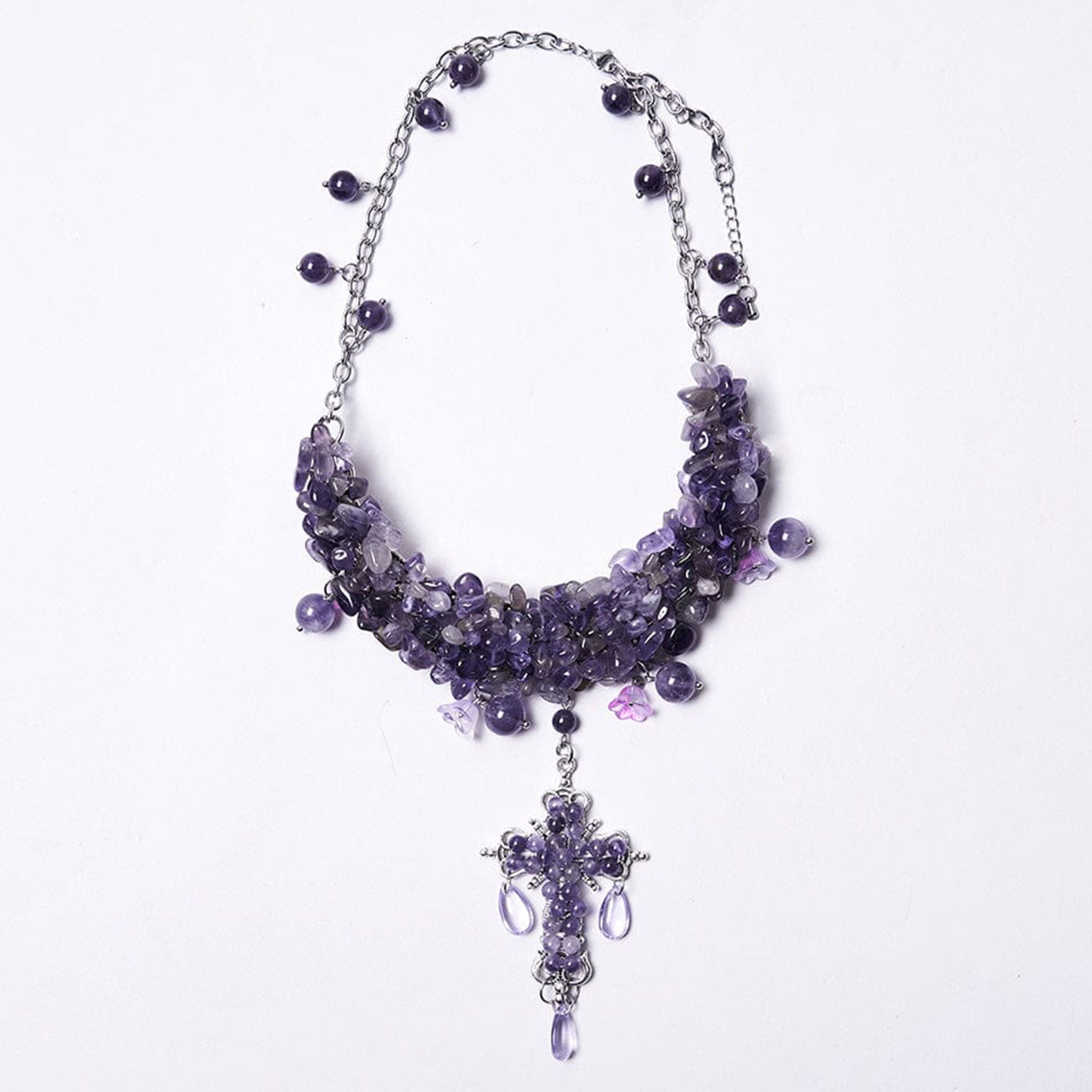 Metallic-alloy metallic-chain plstic polished-crystal crystal-beads crystal-gems charms gemstone-drops accessories jewelry necklace plastron-necklace plastron gemstone-covered gemstone-necklace crystal-necklace natural-jewelry adjustable lobster-clasp fashion alt-fashion casual festive costume cosplay halloween female femme feminine womens unisex purple violet amethyst