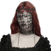 Aluminum-alloy iron metallic-chain ring-mail see-through see-thru accessories head-gear mask veil wide-net cross ornate-cross ring-mail chainmail head-harness lobster-clasp hanging-chains crystal-beads mystical intricate bold elegant close-fit fashion alt-fashion alternative punk goth gothic festival fantasy renfaire metal-fashion roleplay role-play sacred sacrilege spooky costume cosplay halloween halloween-accessories afterdark-collection female femme feminine womens unisex silver