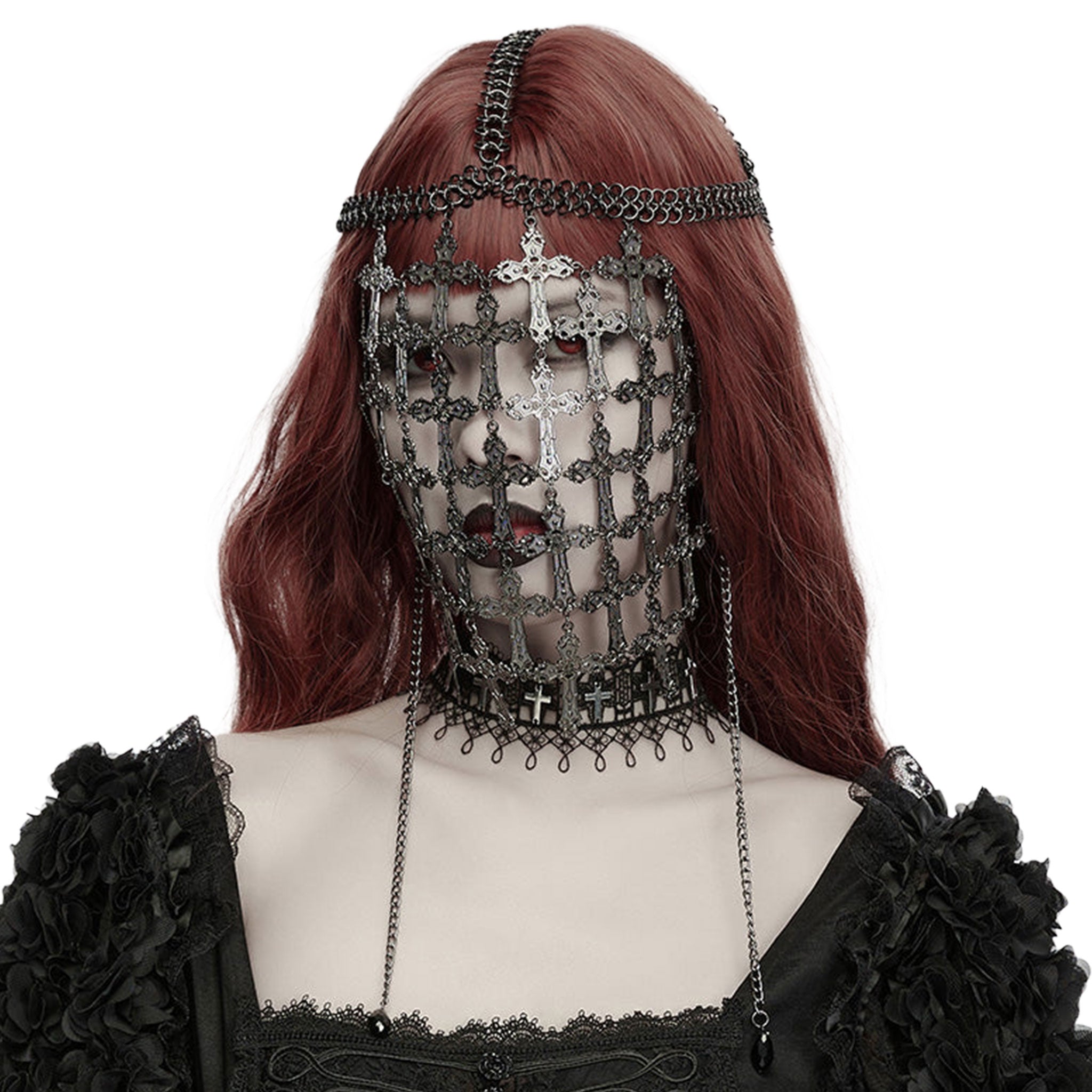 Aluminum-alloy iron metallic-chain ring-mail see-through see-thru accessories head-gear mask veil wide-net cross ornate-cross ring-mail chainmail head-harness lobster-clasp hanging-chains crystal-beads mystical intricate bold elegant close-fit fashion alt-fashion alternative punk goth gothic festival fantasy renfaire metal-fashion roleplay role-play sacred sacrilege spooky costume cosplay halloween halloween-accessories afterdark-collection female femme feminine womens unisex silver