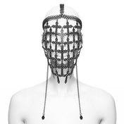 Aluminum-alloy iron metallic-chain ring-mail see-through see-thru accessories head-gear mask veil wide-net cross ornate-cross ring-mail chainmail head-harness lobster-clasp hanging-chains crystal-beads mystical intricate bold elegant close-fit fashion alt-fashion alternative punk goth gothic festival fantasy renfaire metal-fashion roleplay role-play sacred sacrilege spooky costume cosplay halloween halloween-accessories afterdark-collection female femme feminine womens unisex silver