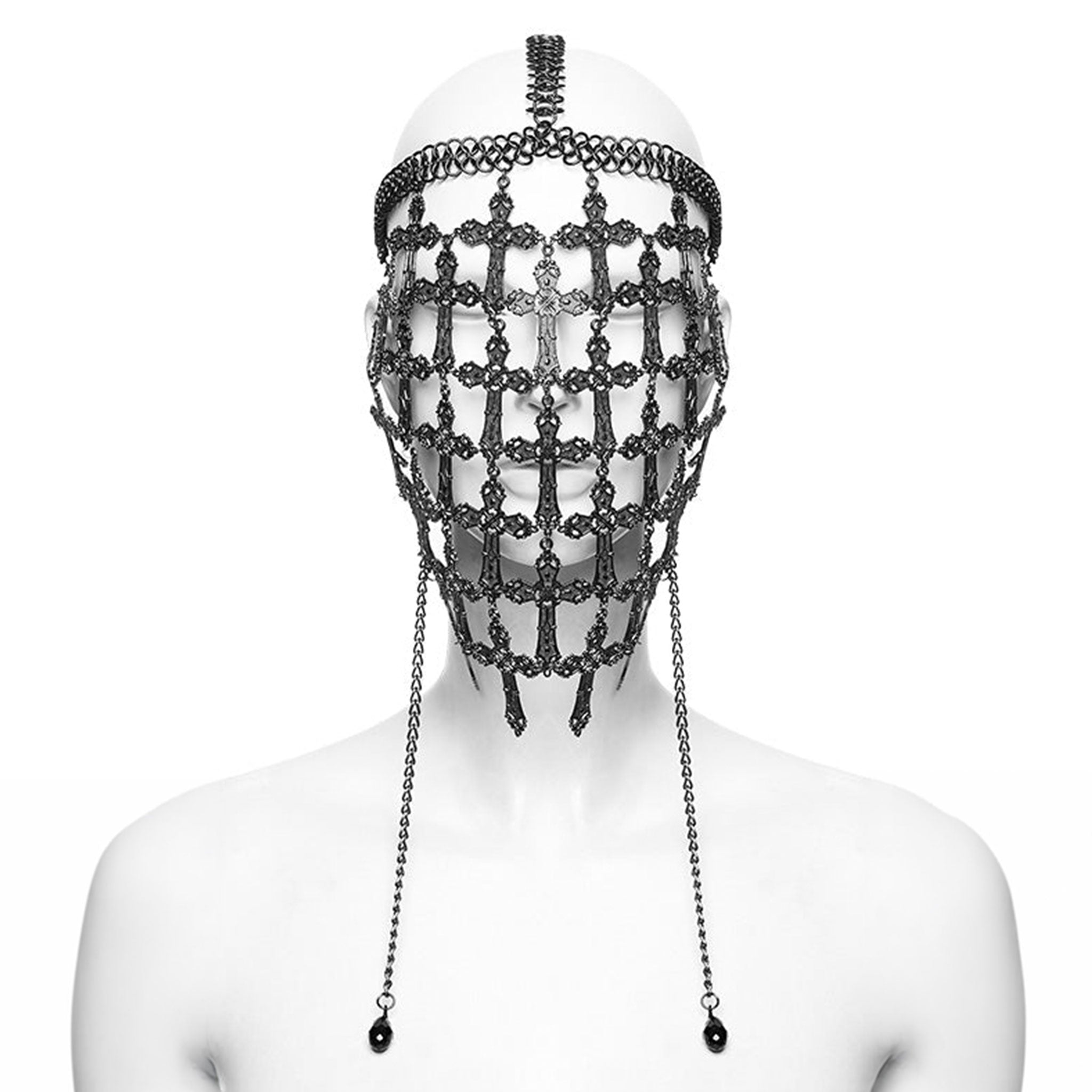 Aluminum-alloy iron metallic-chain ring-mail see-through see-thru accessories head-gear mask veil wide-net cross ornate-cross ring-mail chainmail head-harness lobster-clasp hanging-chains crystal-beads mystical intricate bold elegant close-fit fashion alt-fashion alternative punk goth gothic festival fantasy renfaire metal-fashion roleplay role-play sacred sacrilege spooky costume cosplay halloween halloween-accessories afterdark-collection female femme feminine womens unisex silver