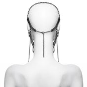 Aluminum-alloy iron metallic-chain ring-mail see-through see-thru accessories head-gear mask veil wide-net cross ornate-cross ring-mail chainmail head-harness lobster-clasp hanging-chains crystal-beads mystical intricate bold elegant close-fit fashion alt-fashion alternative punk goth gothic festival fantasy renfaire metal-fashion roleplay role-play sacred sacrilege spooky costume cosplay halloween halloween-accessories afterdark-collection female femme feminine womens unisex silver