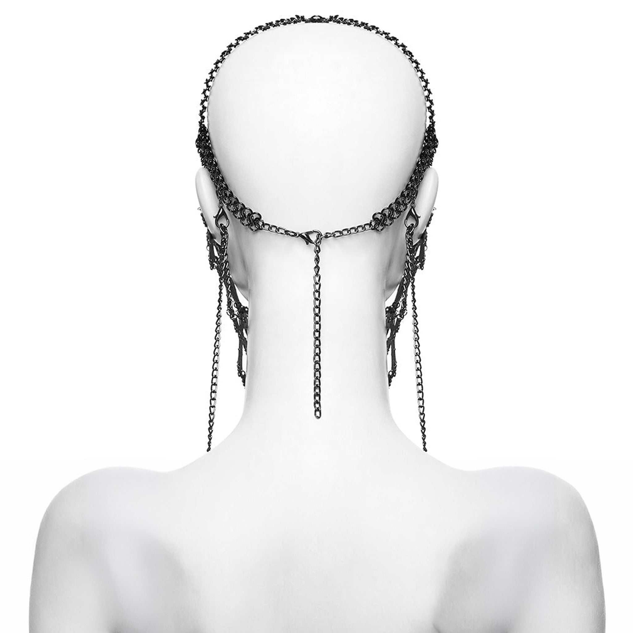 Aluminum-alloy iron metallic-chain ring-mail see-through see-thru accessories head-gear mask veil wide-net cross ornate-cross ring-mail chainmail head-harness lobster-clasp hanging-chains crystal-beads mystical intricate bold elegant close-fit fashion alt-fashion alternative punk goth gothic festival fantasy renfaire metal-fashion roleplay role-play sacred sacrilege spooky costume cosplay halloween halloween-accessories afterdark-collection female femme feminine womens unisex silver