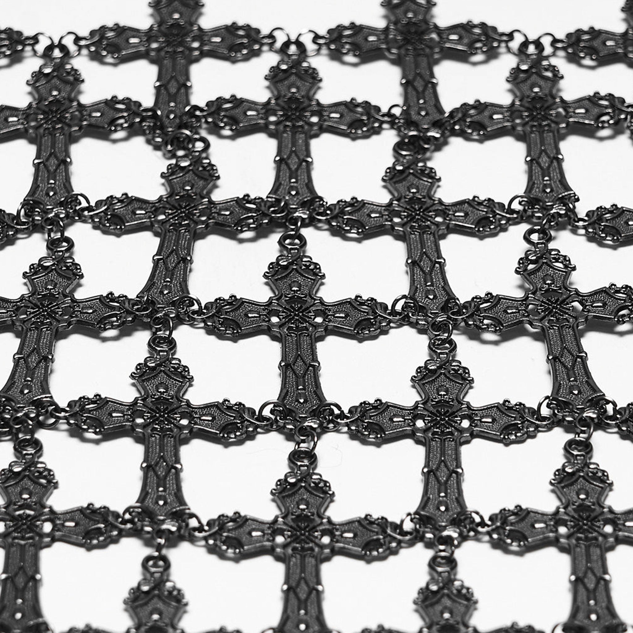 Aluminum-alloy iron metallic-chain ring-mail see-through see-thru accessories head-gear mask veil wide-net cross ornate-cross ring-mail chainmail head-harness lobster-clasp hanging-chains crystal-beads mystical intricate bold elegant close-fit fashion alt-fashion alternative punk goth gothic festival fantasy renfaire metal-fashion roleplay role-play sacred sacrilege spooky costume cosplay halloween halloween-accessories afterdark-collection female femme feminine womens unisex silver