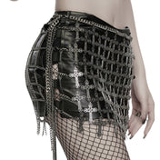 Aluminum-alloy iron chains metallic-chain apparel accessories skirt mini-skirt harness body-harness waist-harness cage-skirt hollow-cage tassels carved-crosses cross-chain adjustable closure lobster-clasp versatile textured comfortable subversive fierce slim-fit secure flexible stylish sleek edgy movement flair fetish fashion alt-fashion alternative punk rock goth gothic festival renfaire renaissance vintage costume cosplay halloween afterdark-collection female femme feminine womens black